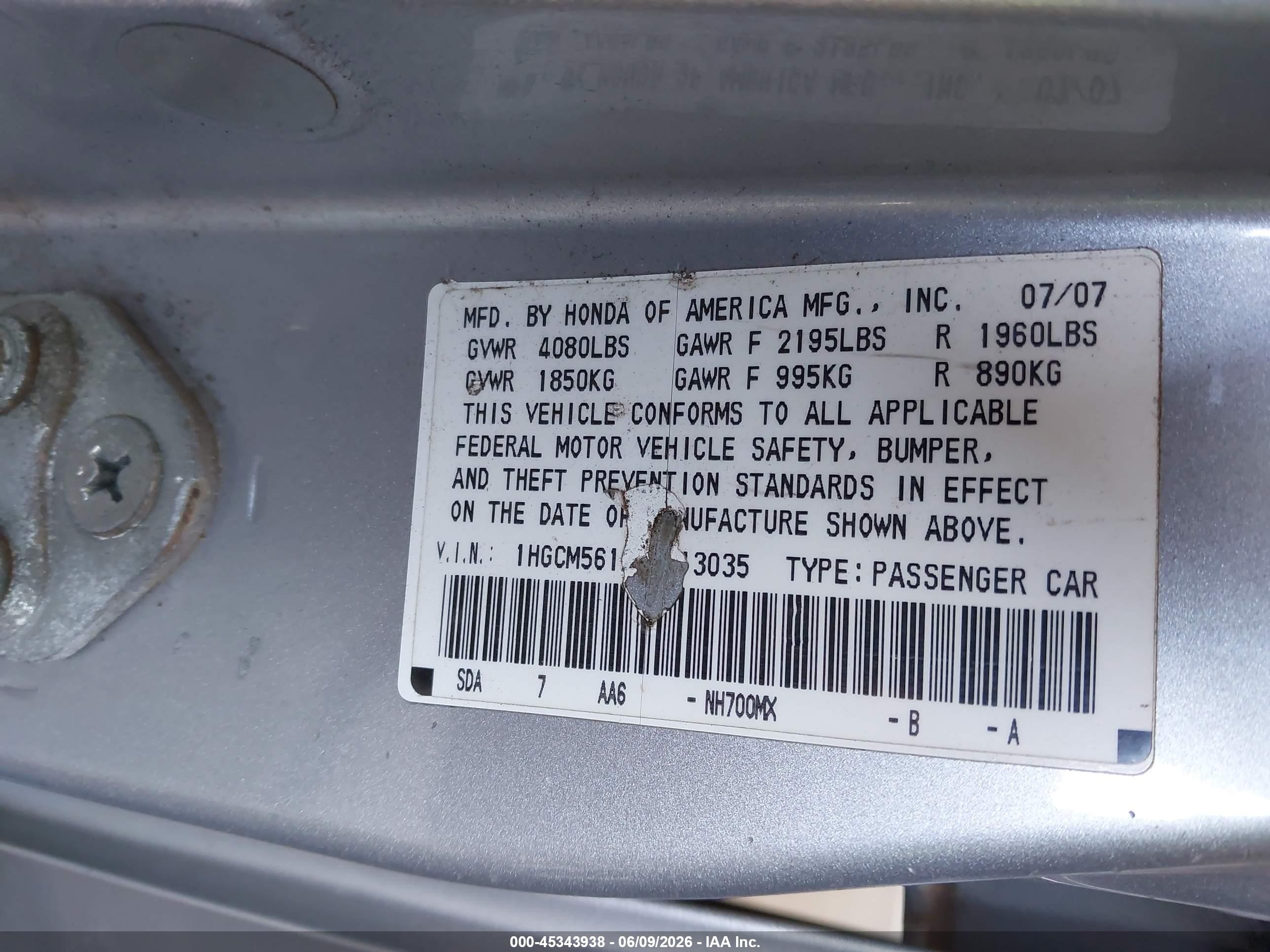 2007 Honda Accord 2.4 Vp Silver vin: 1HGCM56127A213035