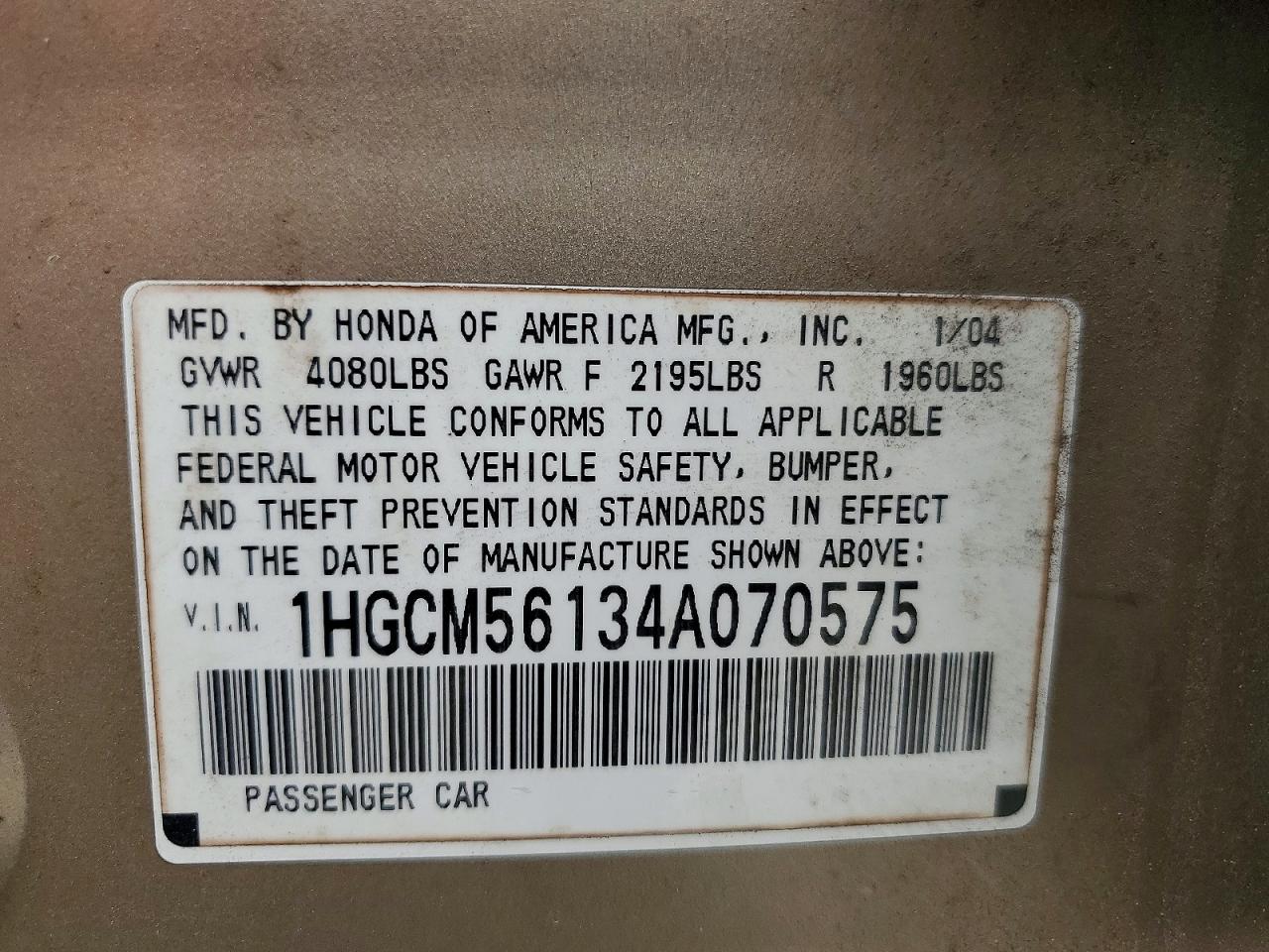 2004 Honda Accord Dx Gold vin: 1HGCM56134A070575