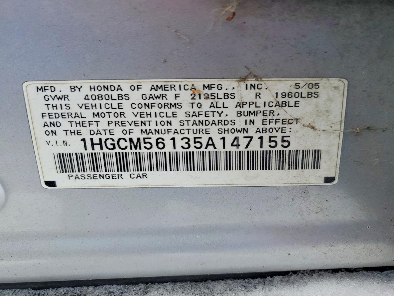 2005 Honda Accord Dx Silver vin: 1HGCM56135A147155