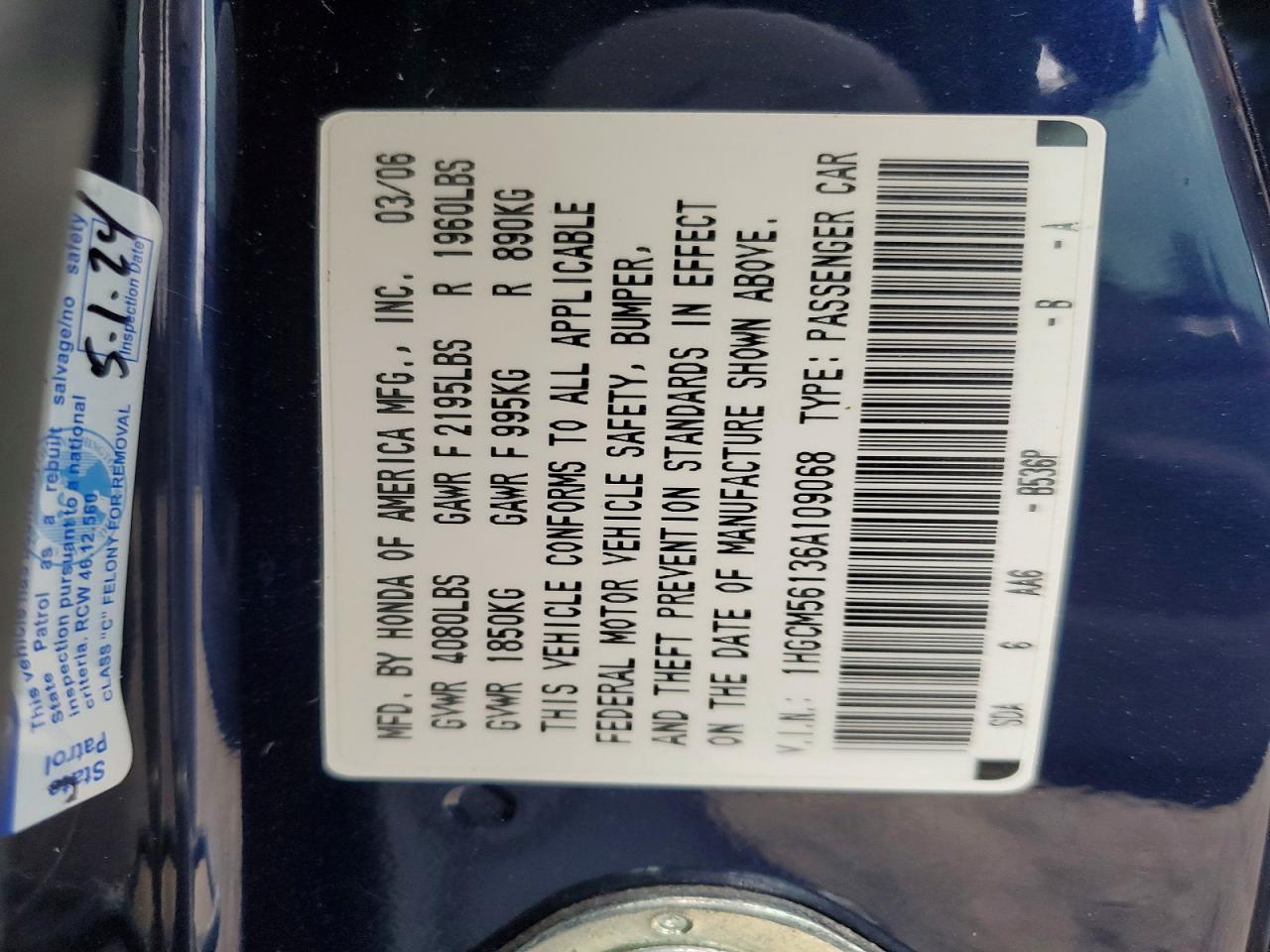 2006 Honda Accord Value Blue vin: 1HGCM56136A109068