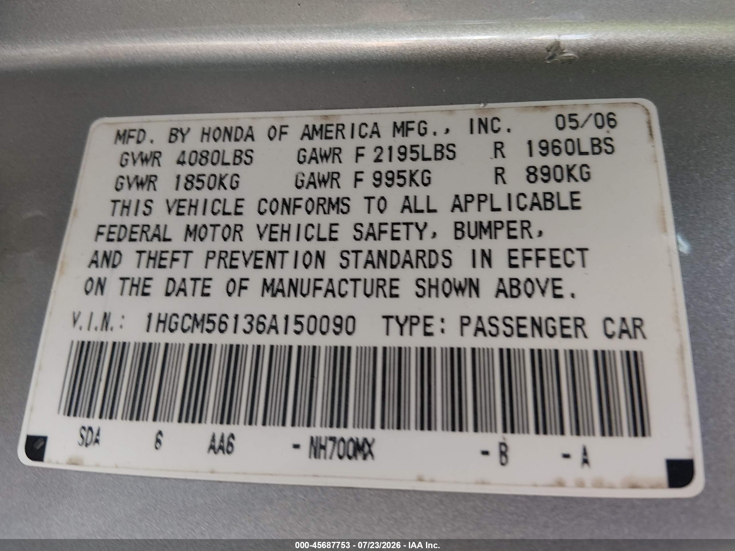 2006 Honda Accord 2.4 Vp Silver vin: 1HGCM56136A150090