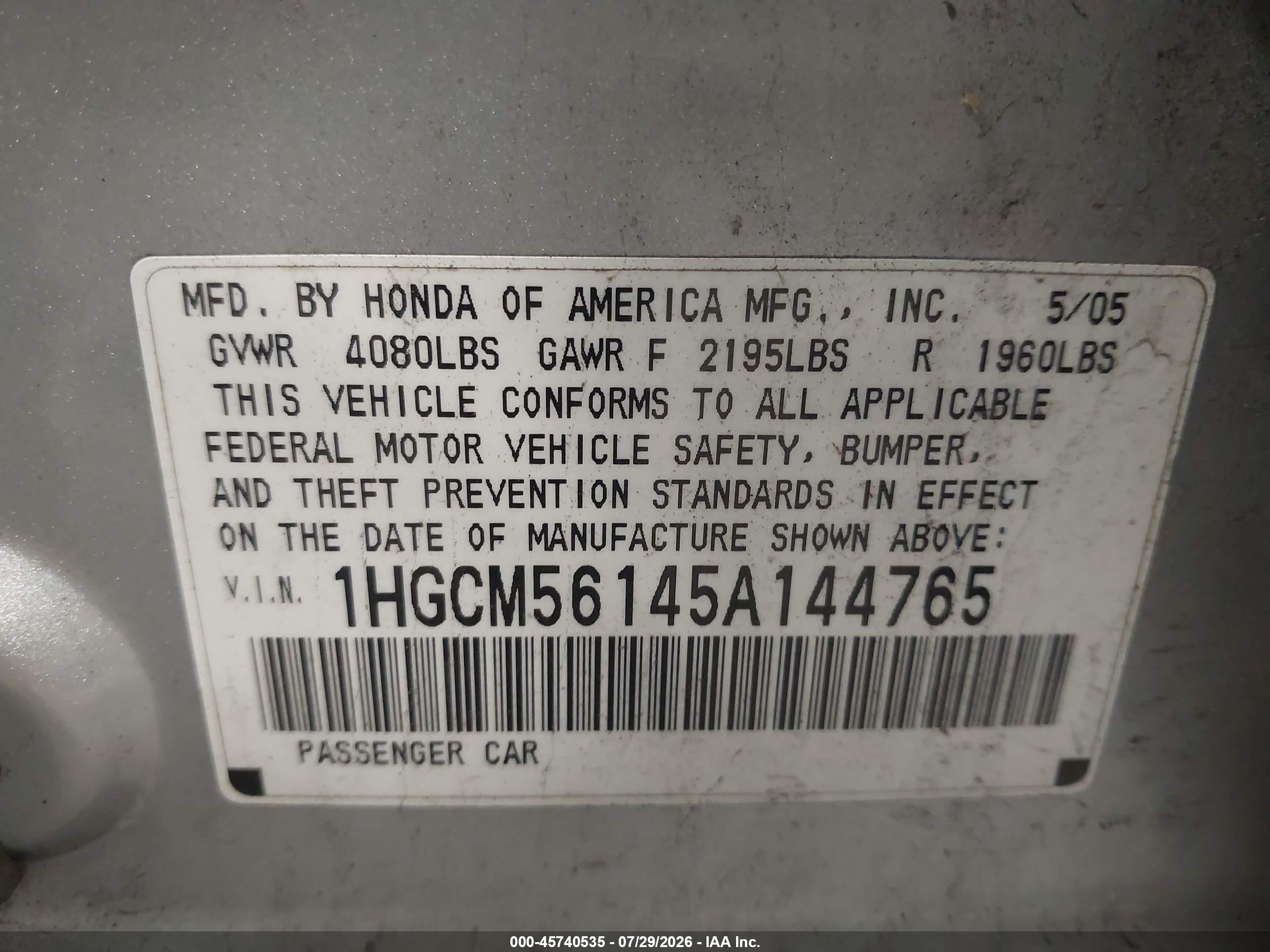 2005 Honda Accord 2.4 Dx Silver vin: 1HGCM56145A144765