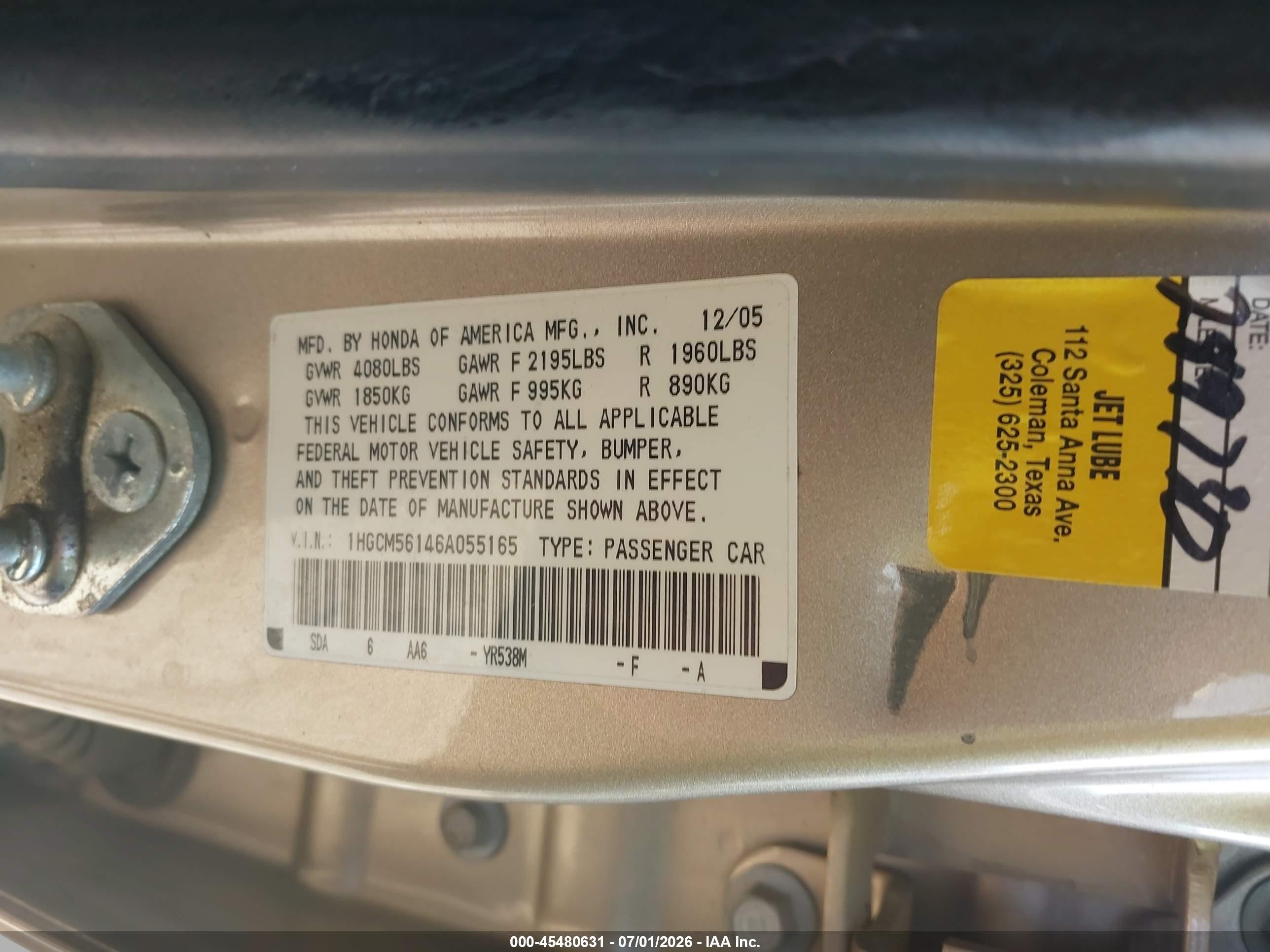 2006 Honda Accord 2.4 Vp Gold vin: 1HGCM56146A055165