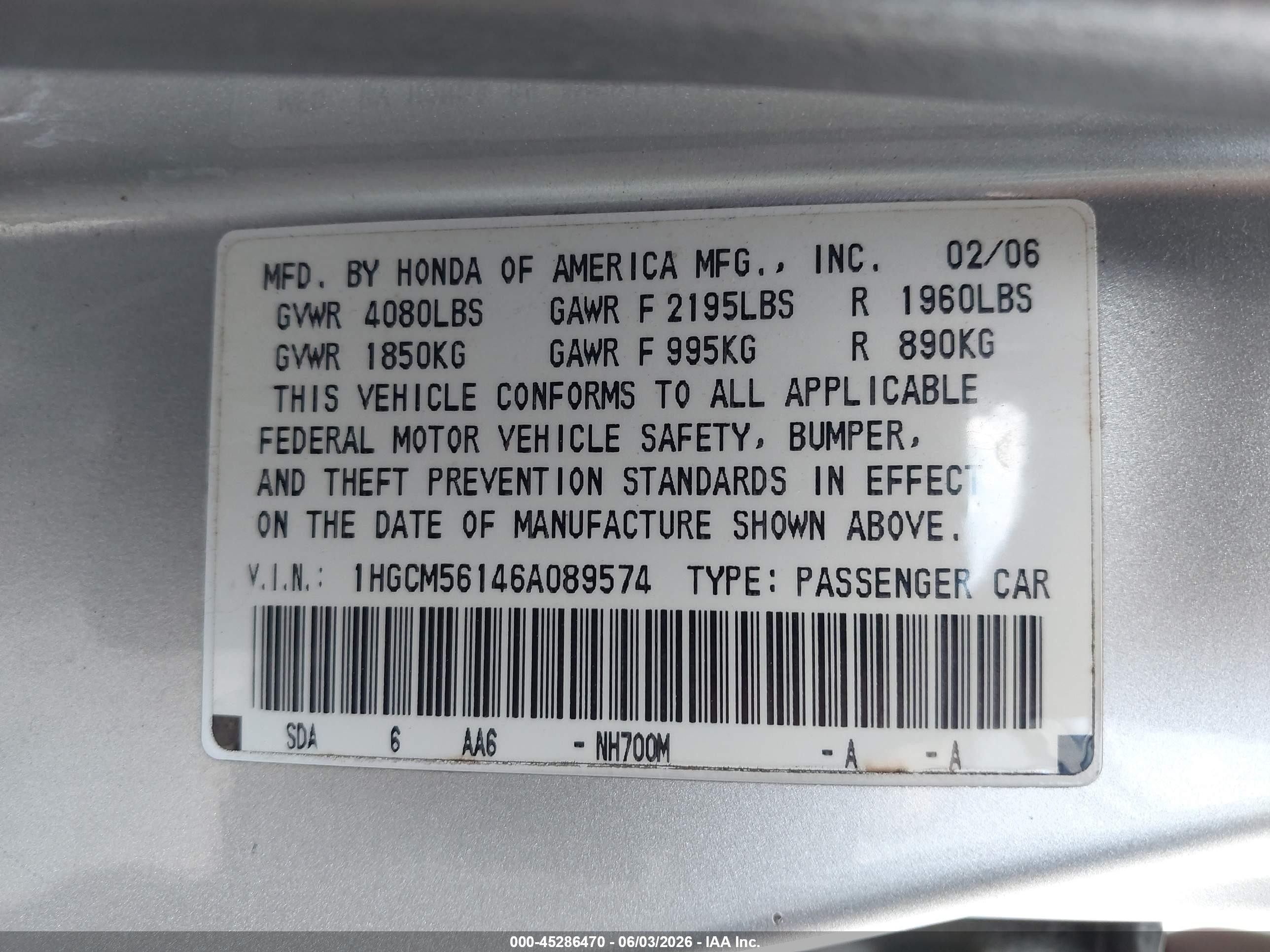 2006 Honda Accord 2.4 Vp Silver vin: 1HGCM56146A089574