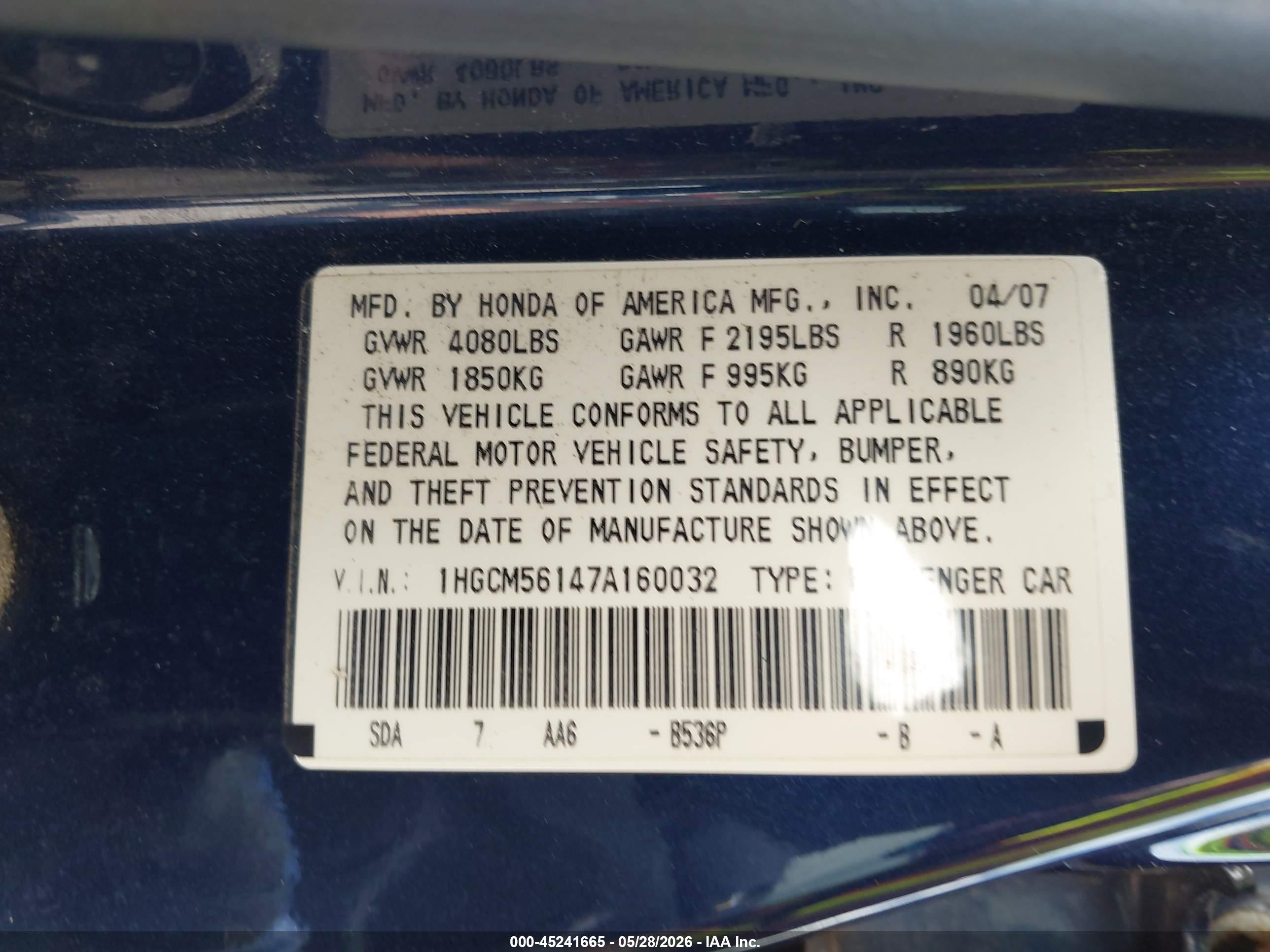 2007 Honda Accord 2.4 Vp Dark Blue vin: 1HGCM56147A160032