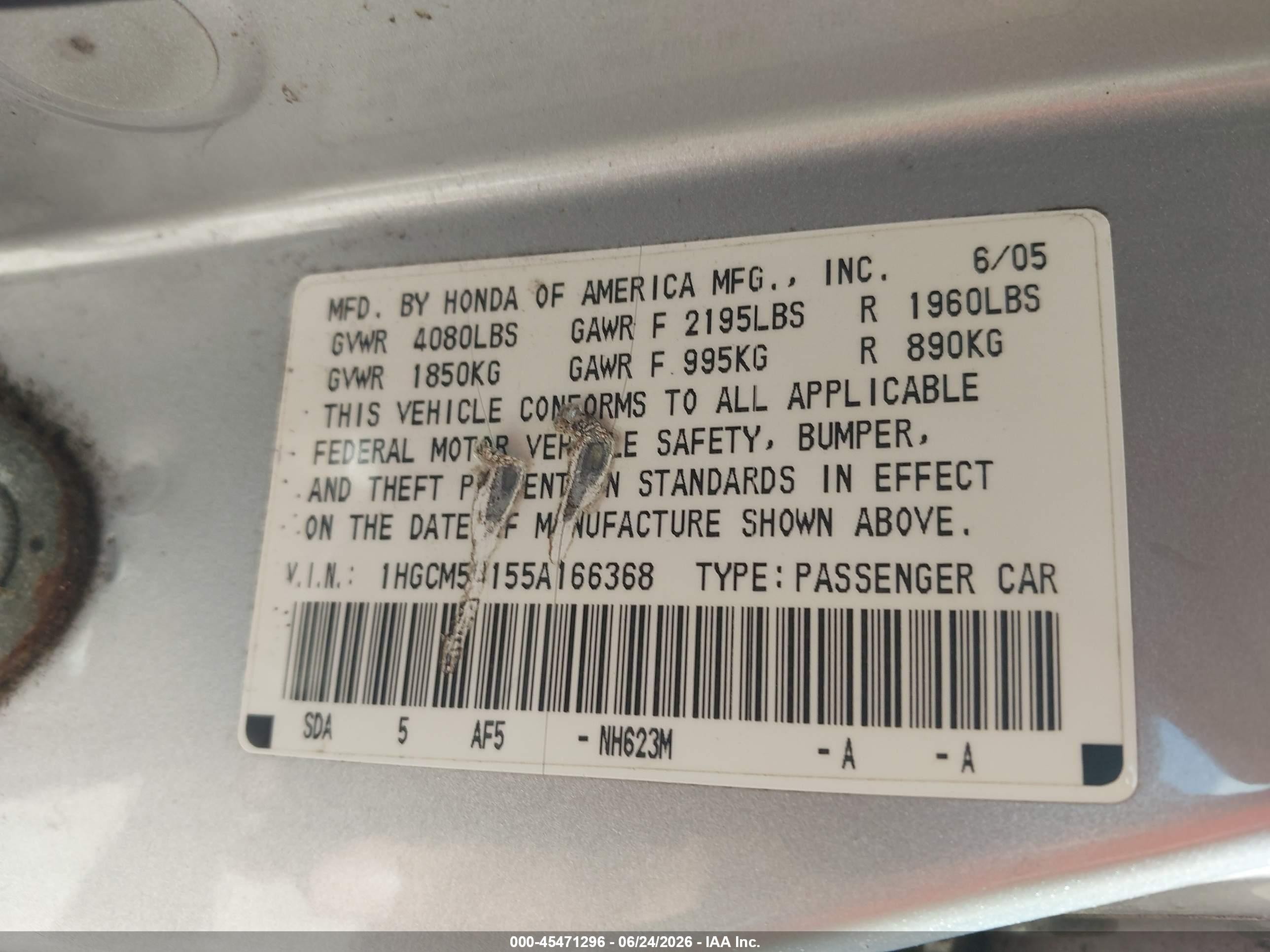 2005 Honda Accord 2.4 Dx Silver vin: 1HGCM56155A166368