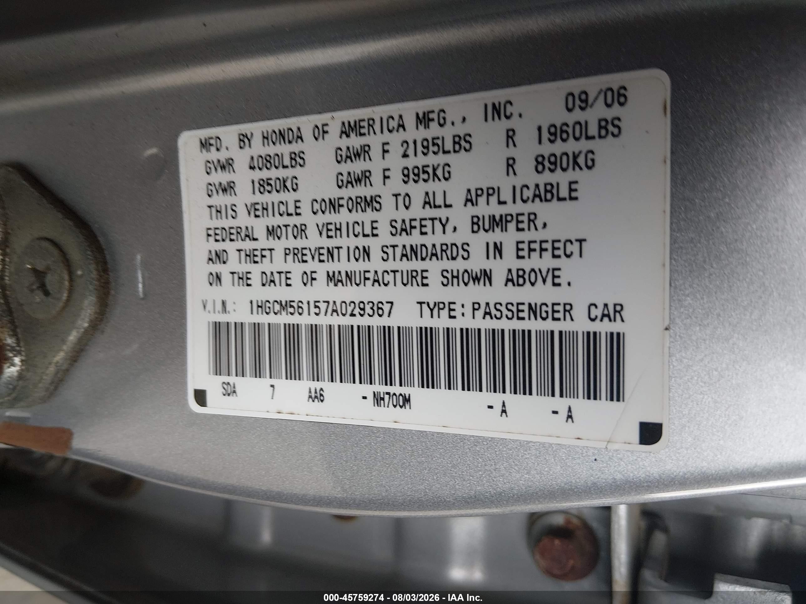 2007 Honda Accord 2.4 Vp Silver vin: 1HGCM56157A029367