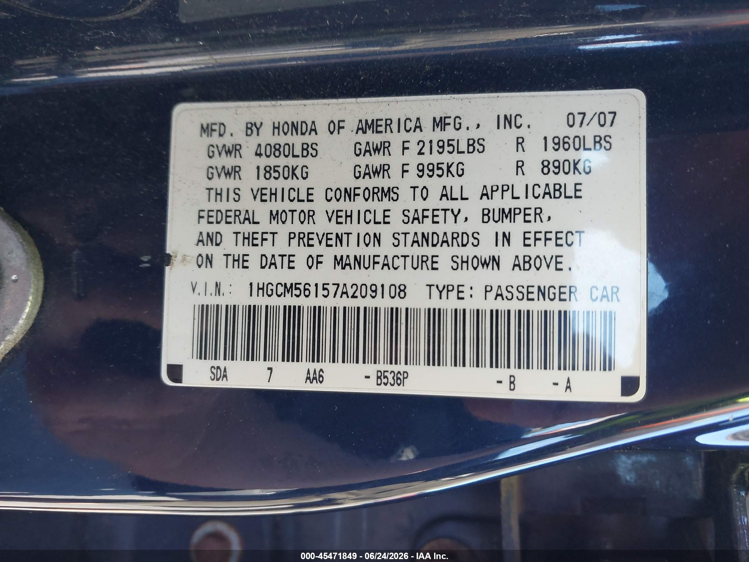 2007 Honda Accord 2.4 Vp Blue vin: 1HGCM56157A209108
