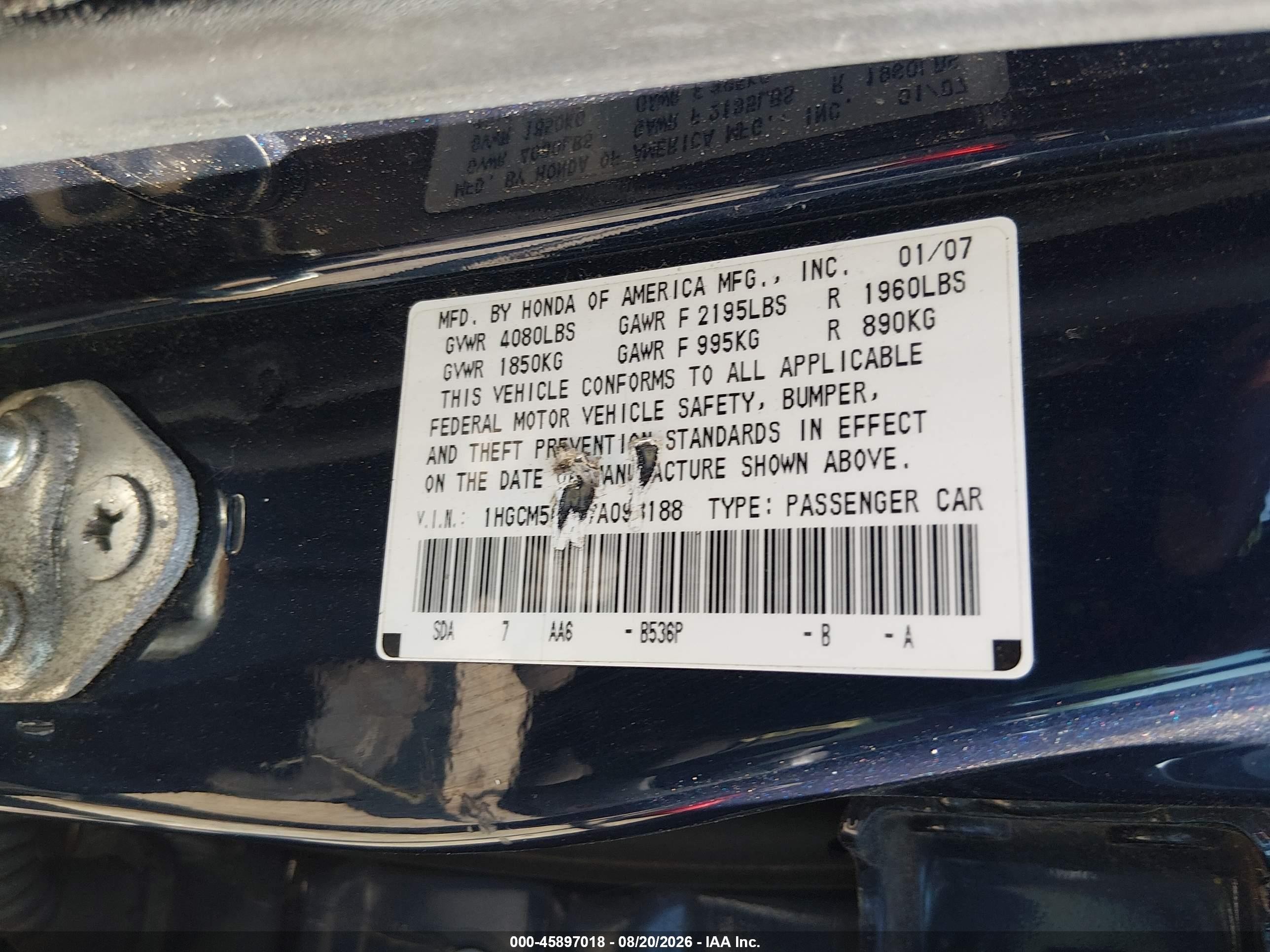 2007 Honda Accord 2.4 Vp Dark Blue vin: 1HGCM56167A093188