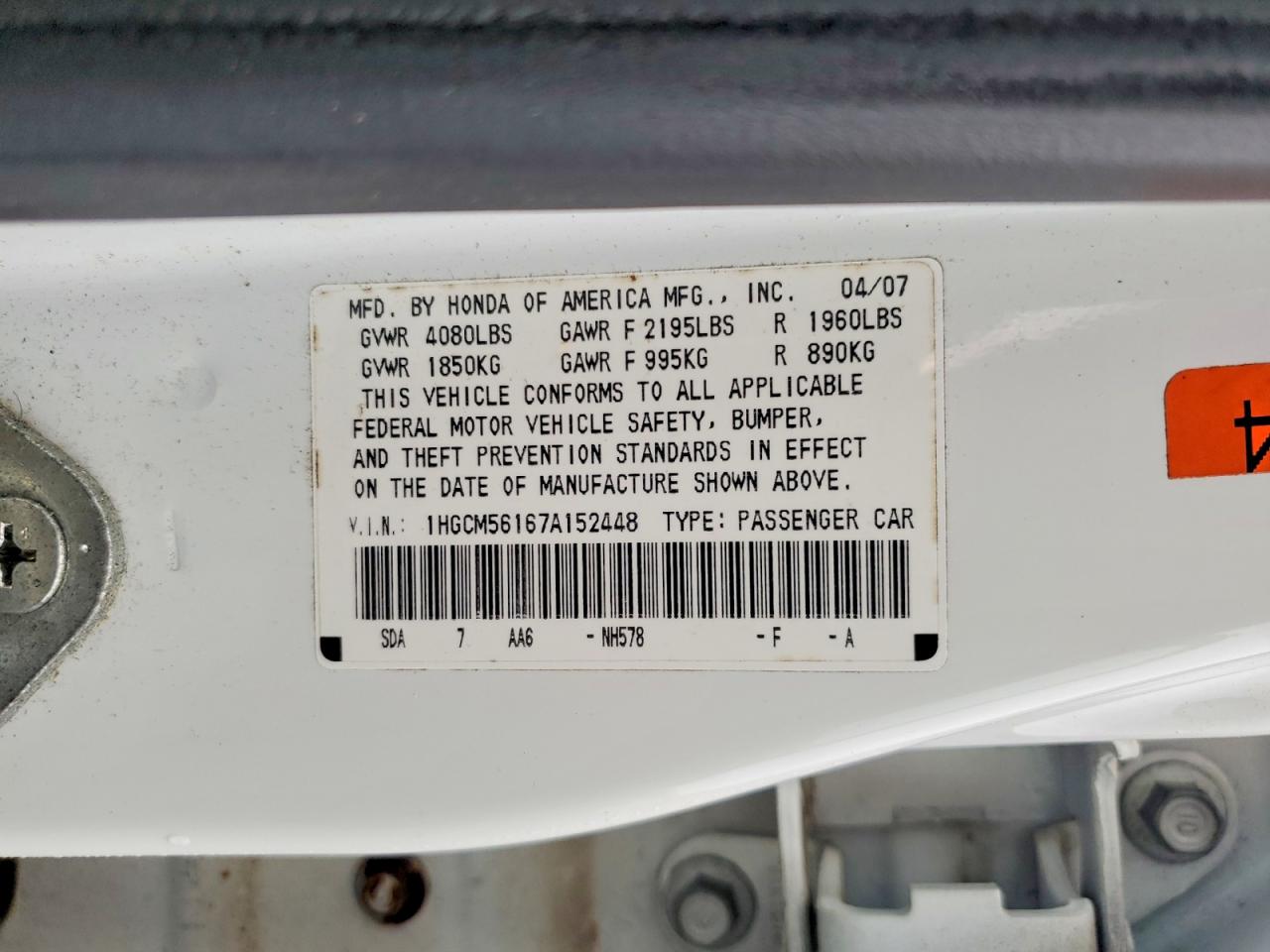 2007 Honda Accord Value White vin: 1HGCM56167A152448