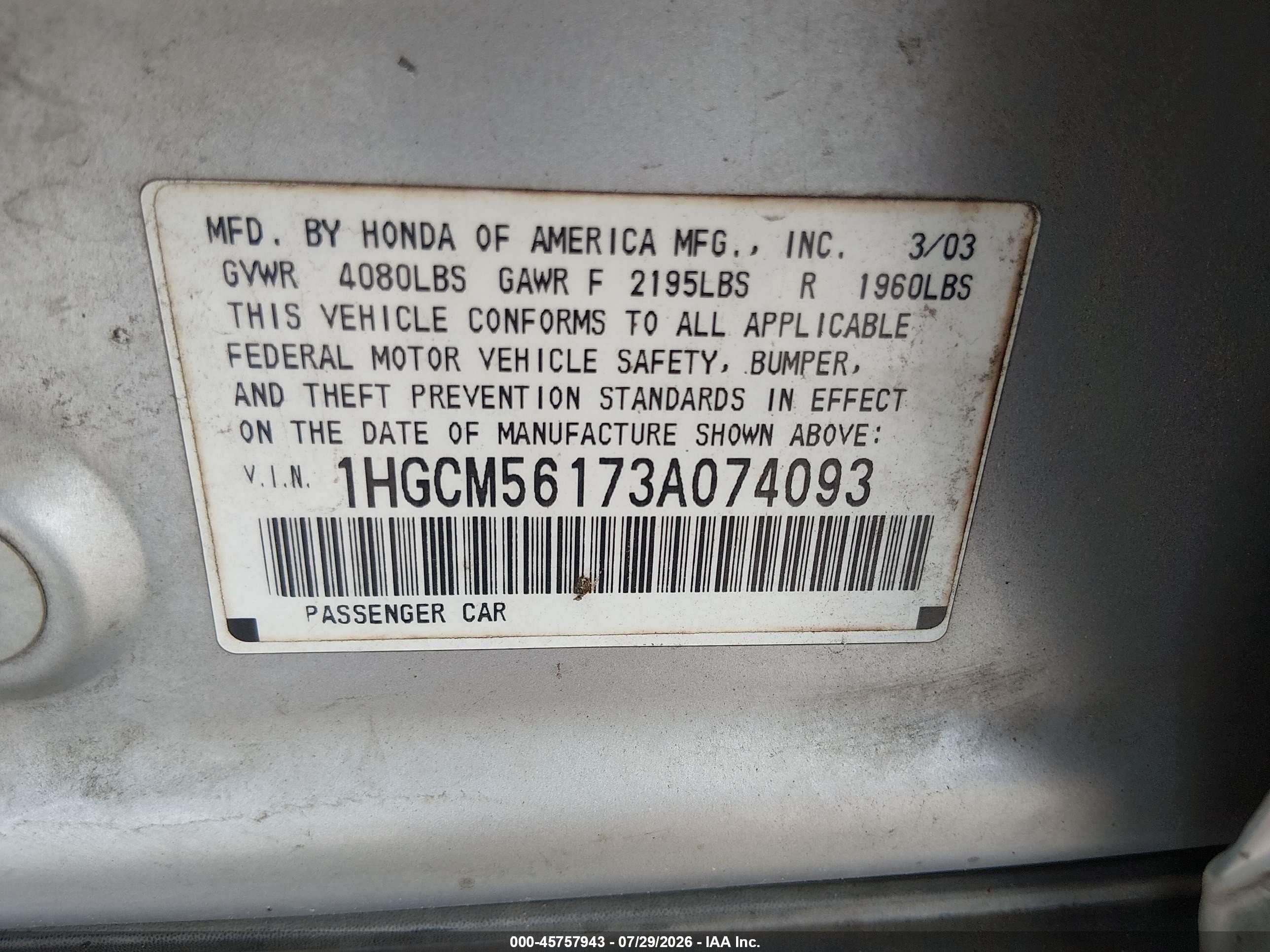 2003 Honda Accord 2.4 Dx Silver vin: 1HGCM56173A074093
