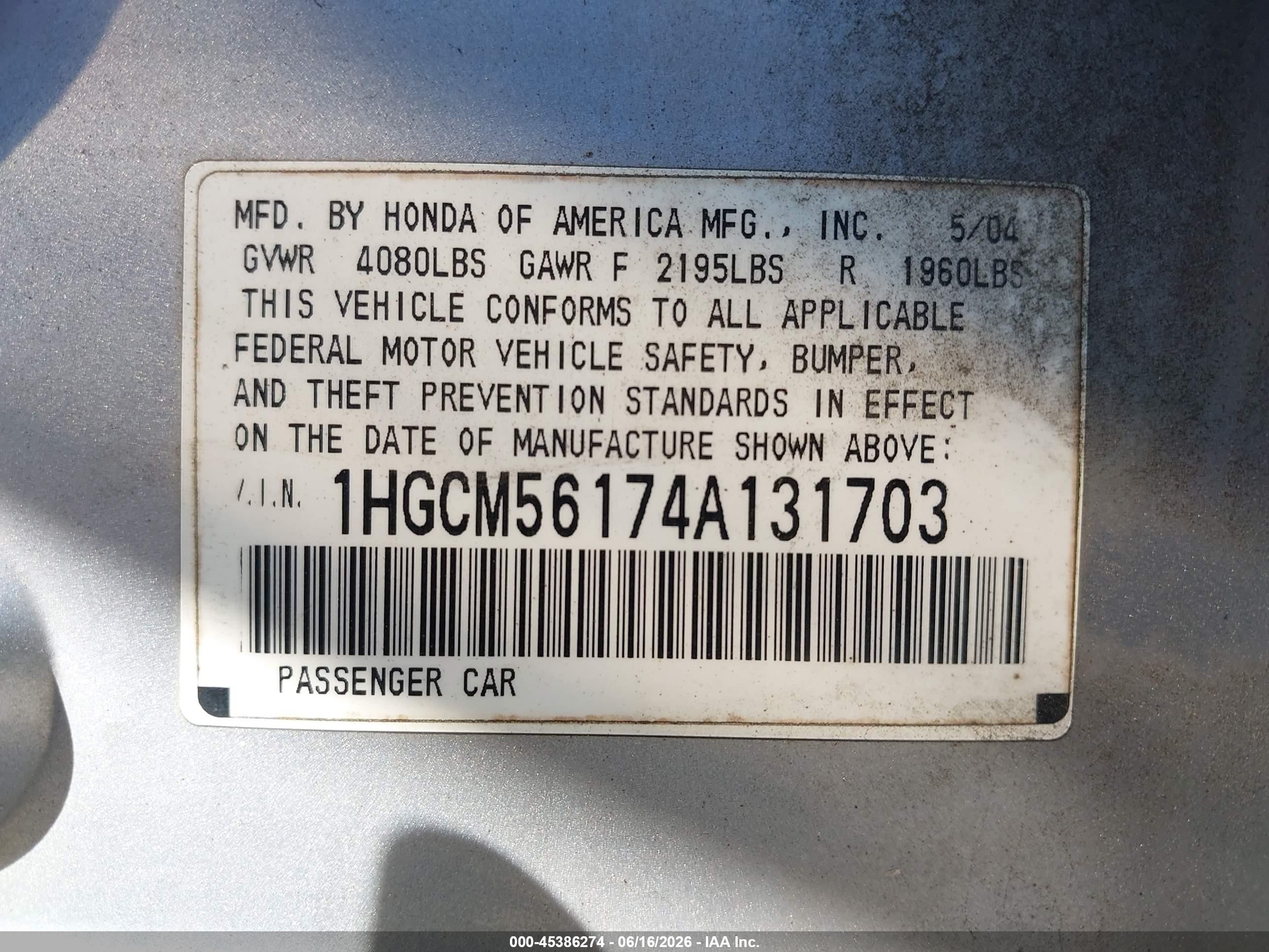 2004 Honda Accord 2.4 Dx Gray vin: 1HGCM56174A131703