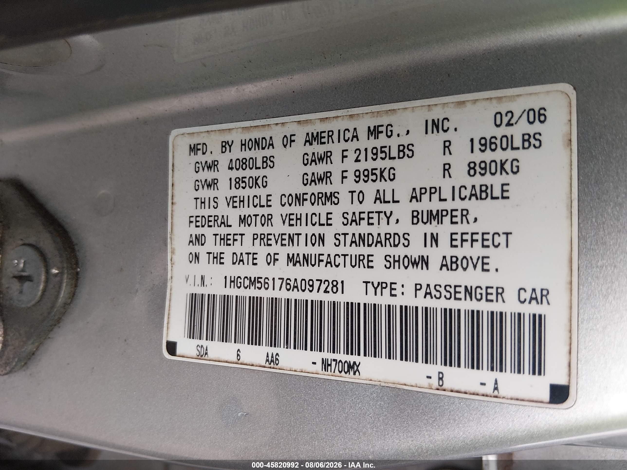2006 Honda Accord 2.4 Vp Gray vin: 1HGCM56176A097281