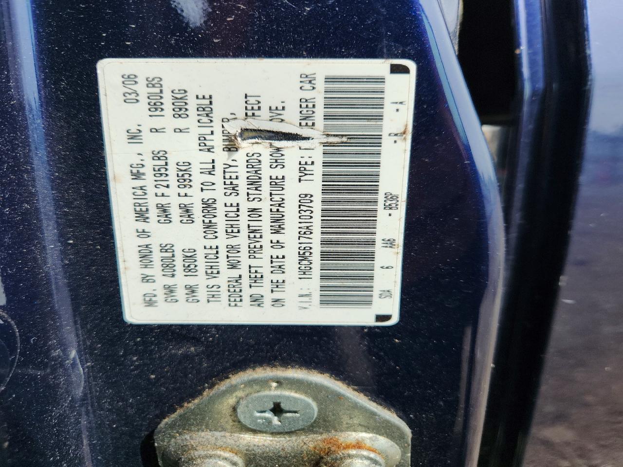 2006 Honda Accord Value Blue vin: 1HGCM56176A103709