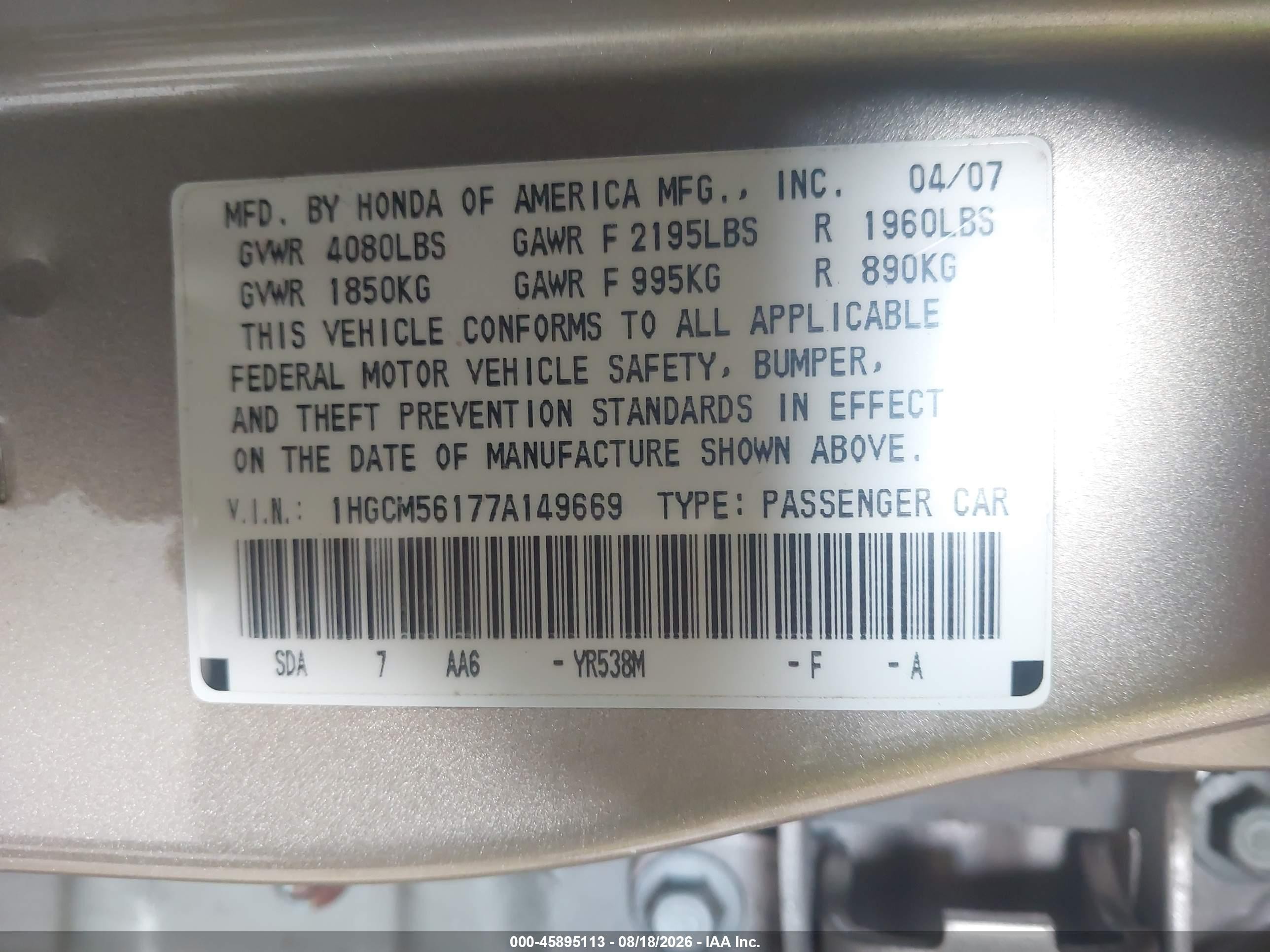 2007 Honda Accord 2.4 Vp Gold vin: 1HGCM56177A149669