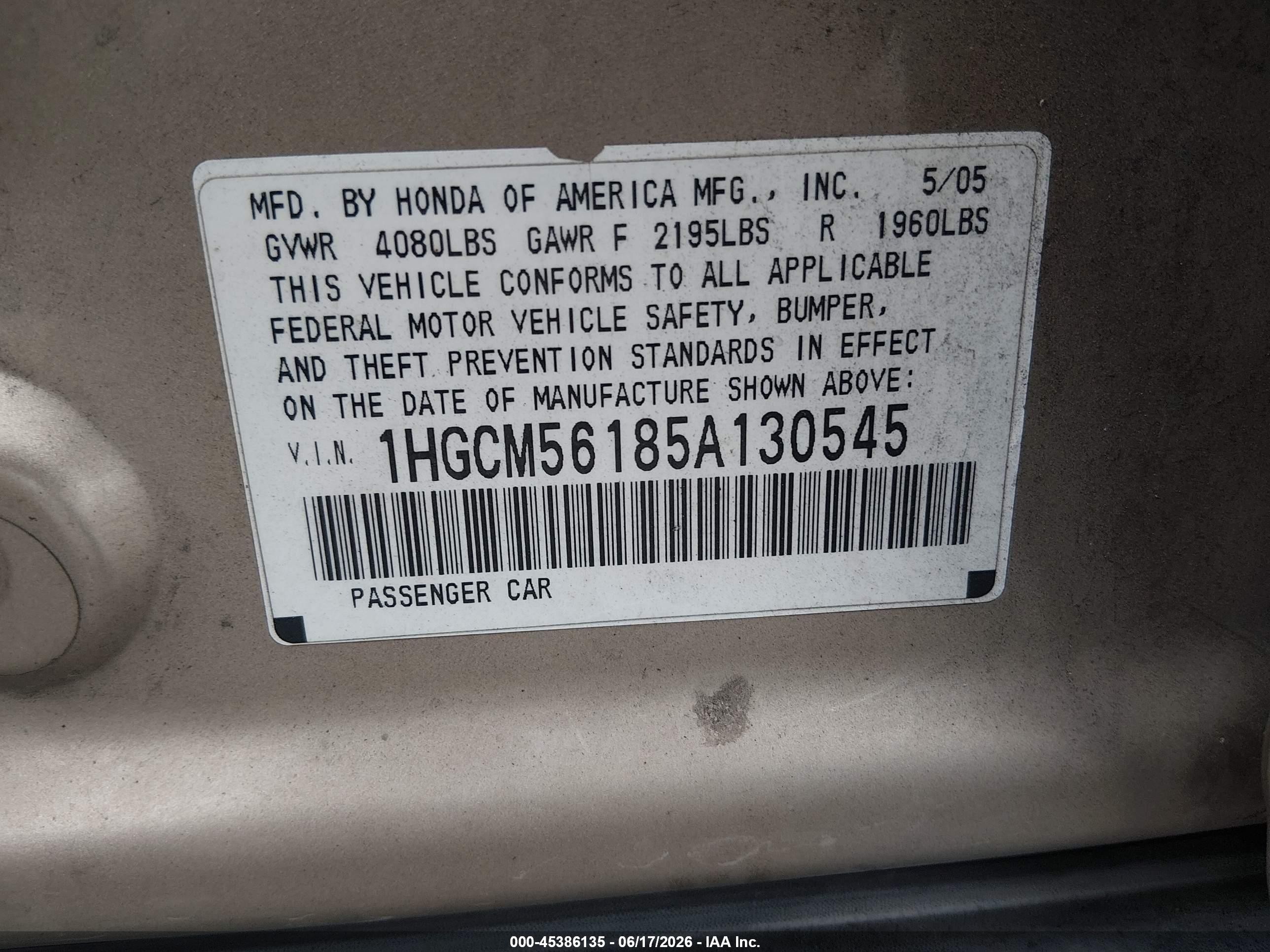 2005 Honda Accord 2.4 Dx Tan vin: 1HGCM56185A130545