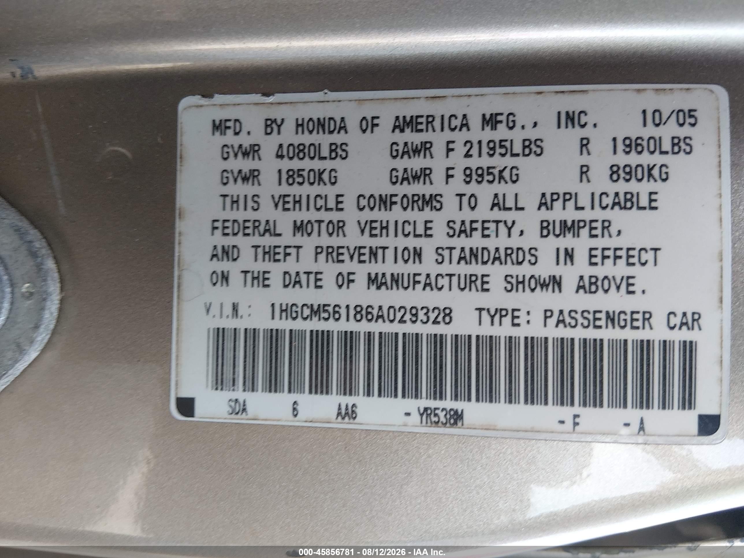 2006 Honda Accord 2.4 Vp Champagne vin: 1HGCM56186A029328