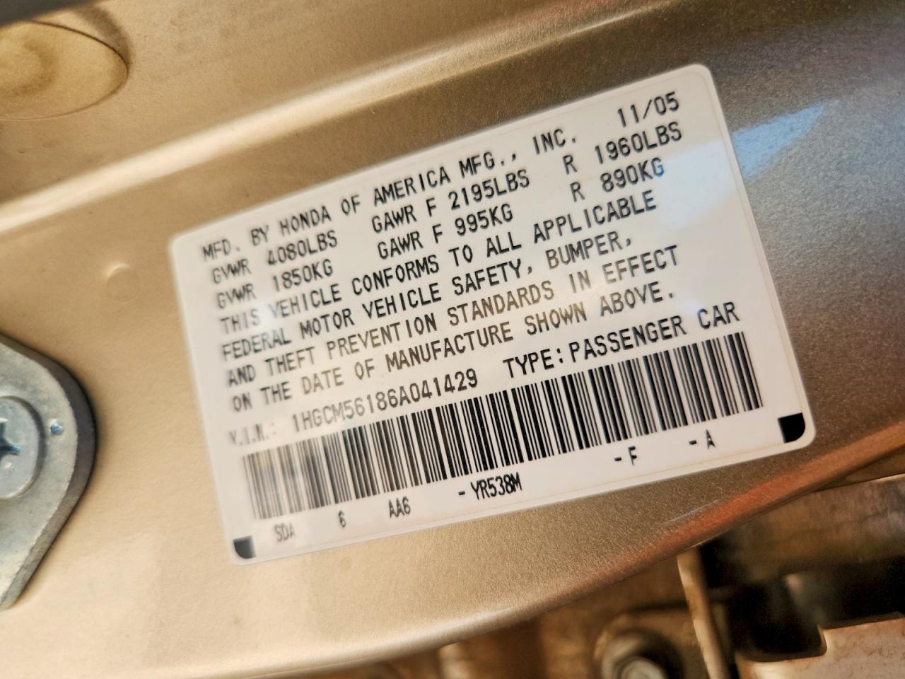 2006 Honda Accord Value Tan vin: 1HGCM56186A041429