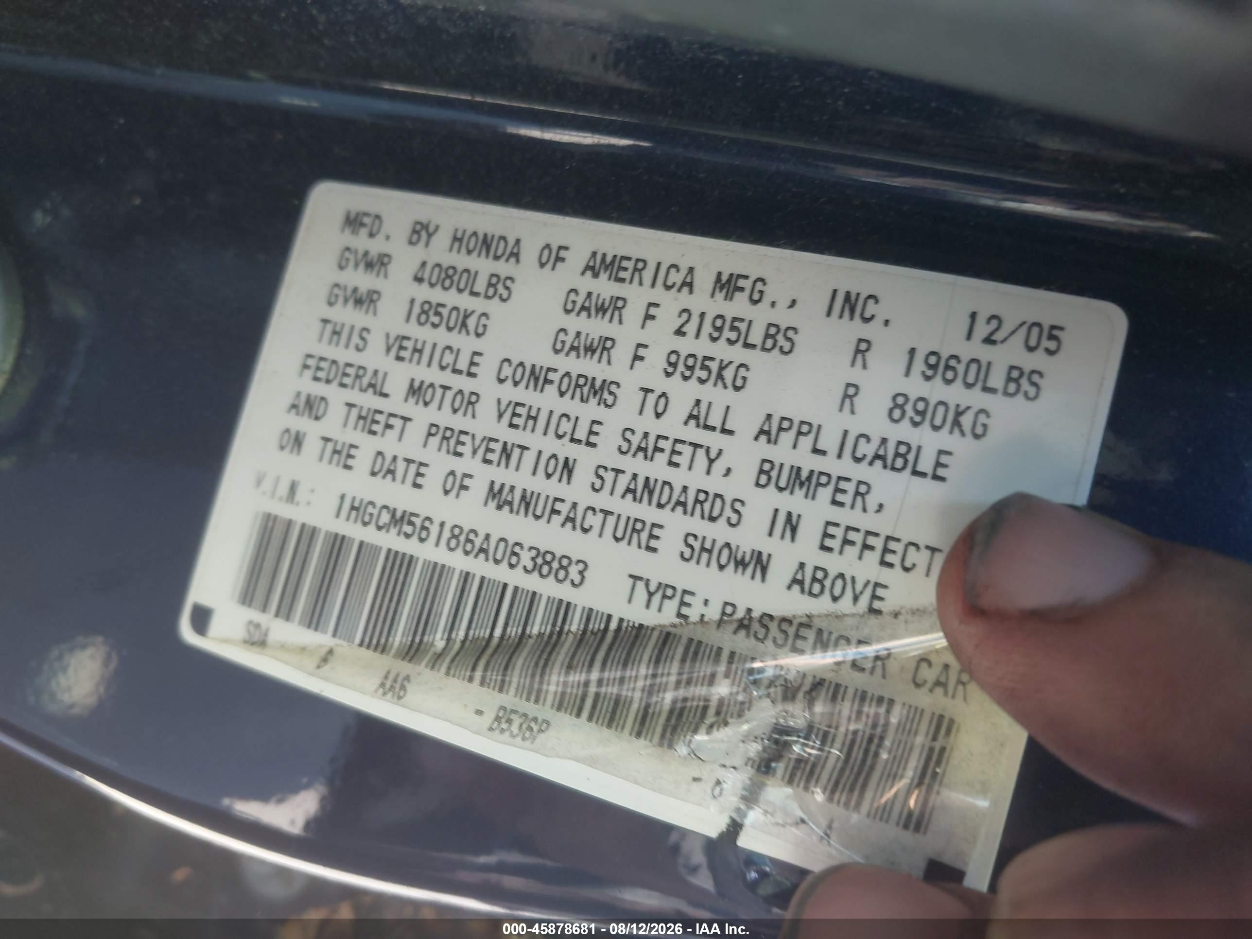 2006 Honda Accord 2.4 Vp Blue vin: 1HGCM56186A063883