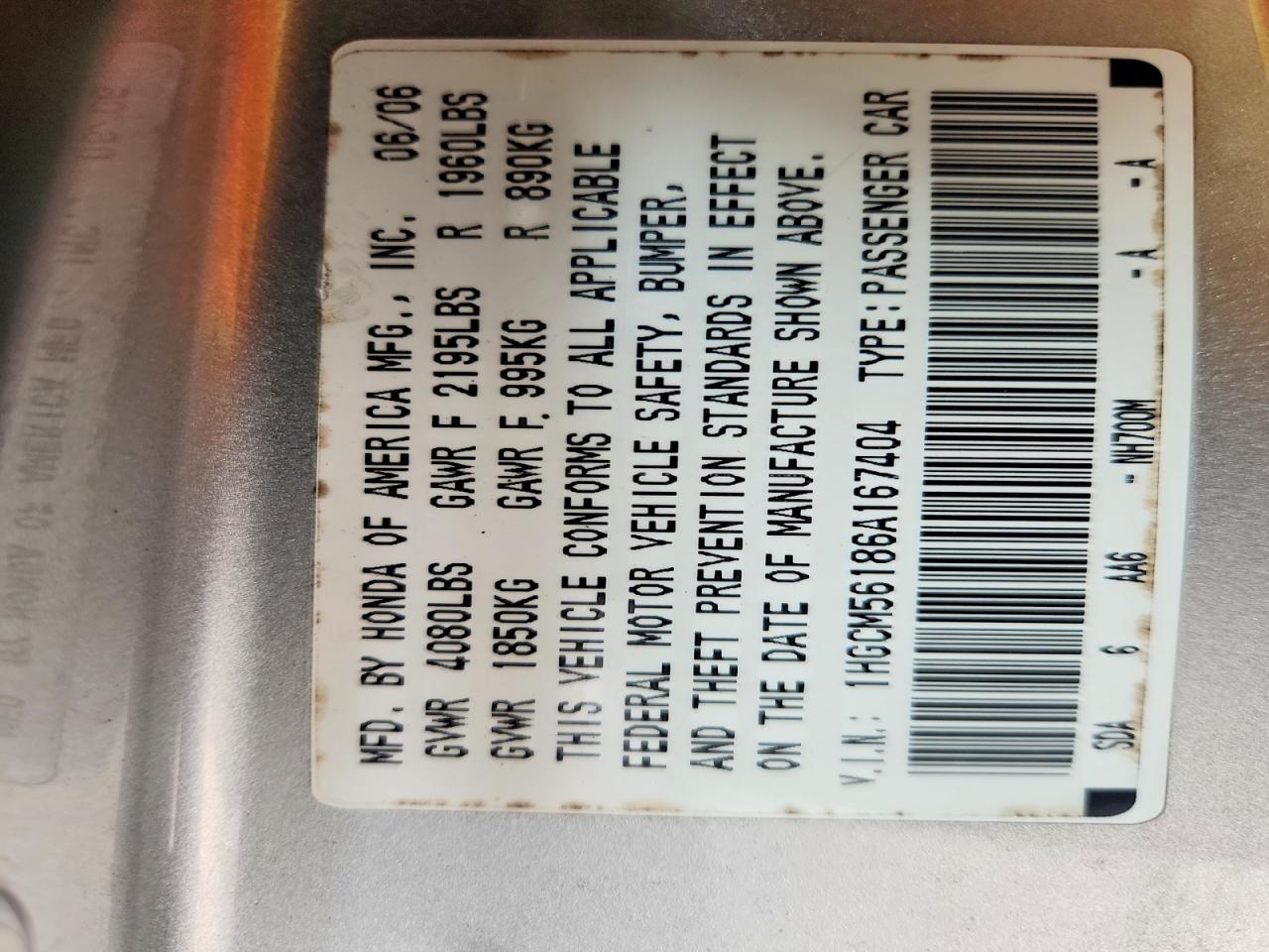 2006 Honda Accord Value Silver vin: 1HGCM56186A167404