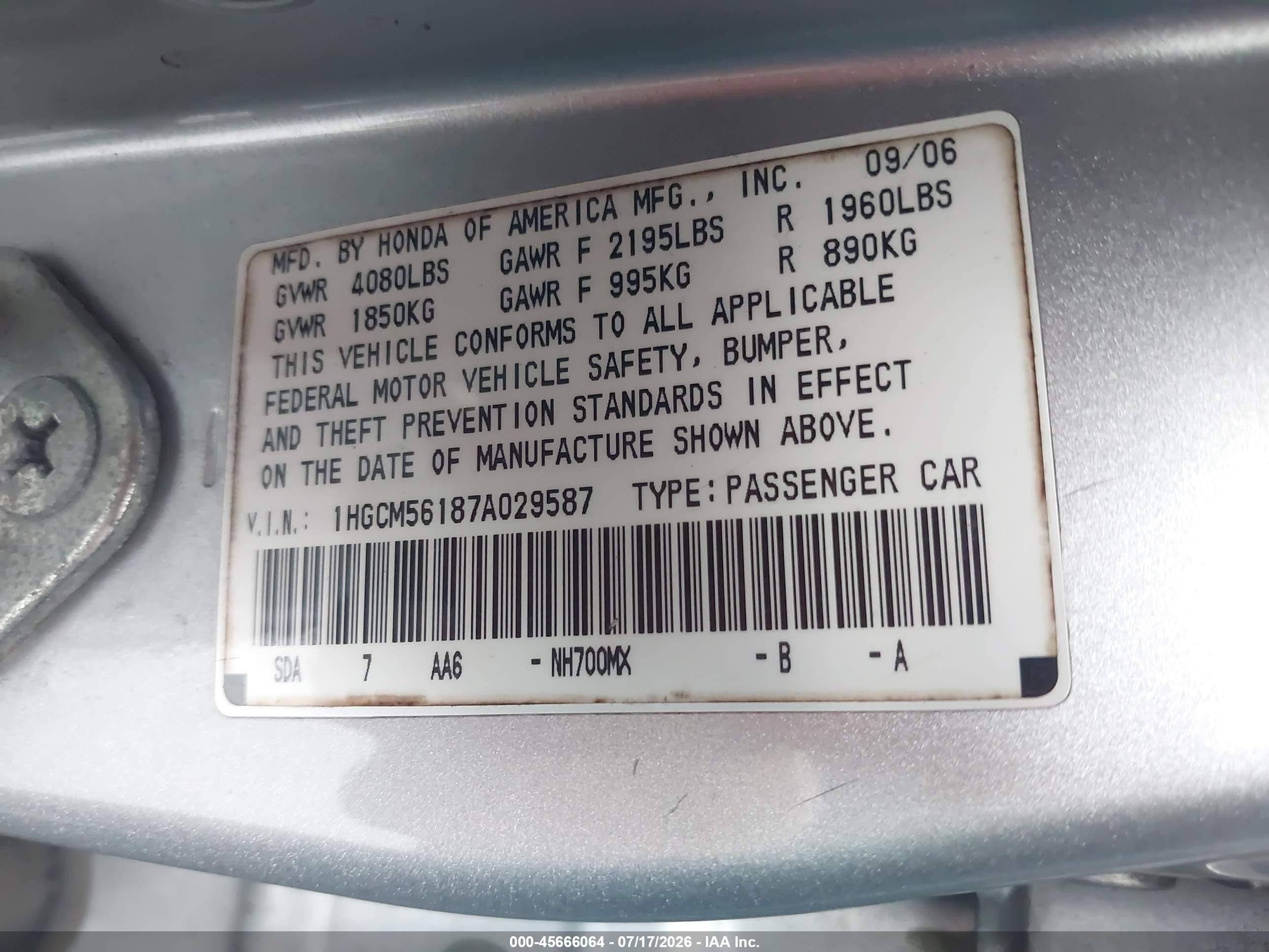 2007 Honda Accord 2.4 Vp Silver vin: 1HGCM56187A029587