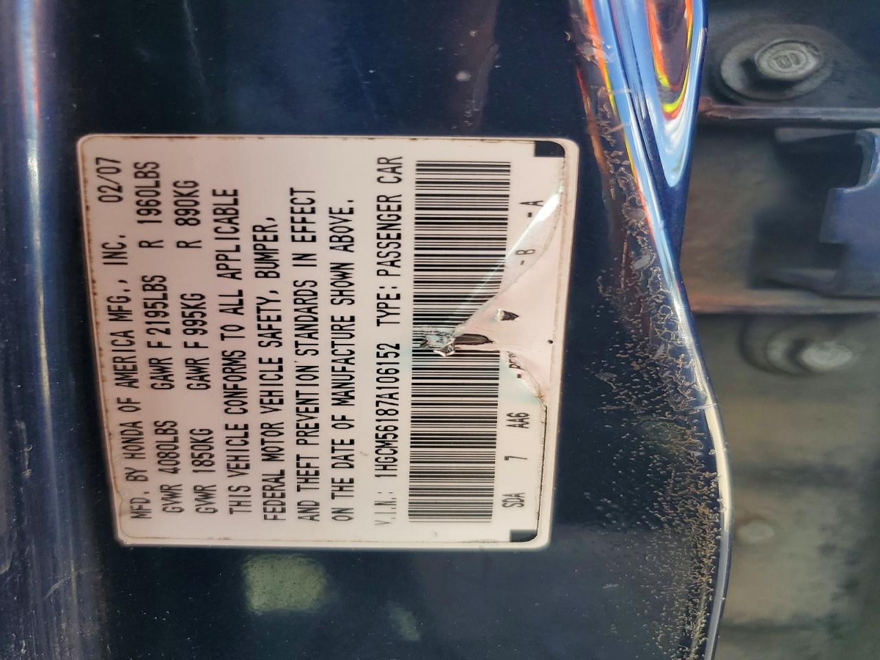 2007 Honda Accord Value Blue vin: 1HGCM56187A106152