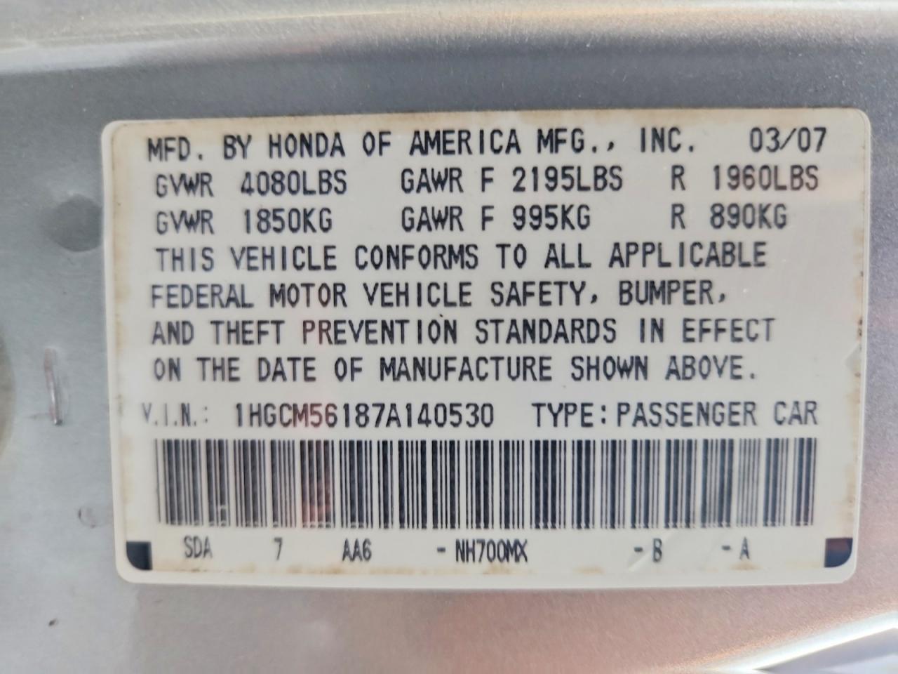 2007 Honda Accord Value Серебряный vin: 1HGCM56187A140530