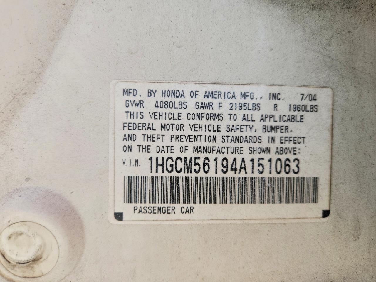 2004 Honda Accord Dx White vin: 1HGCM56194A151063