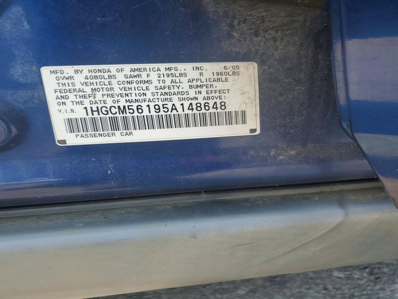 2005 Honda Accord Dx Синий vin: 1HGCM56195A148648