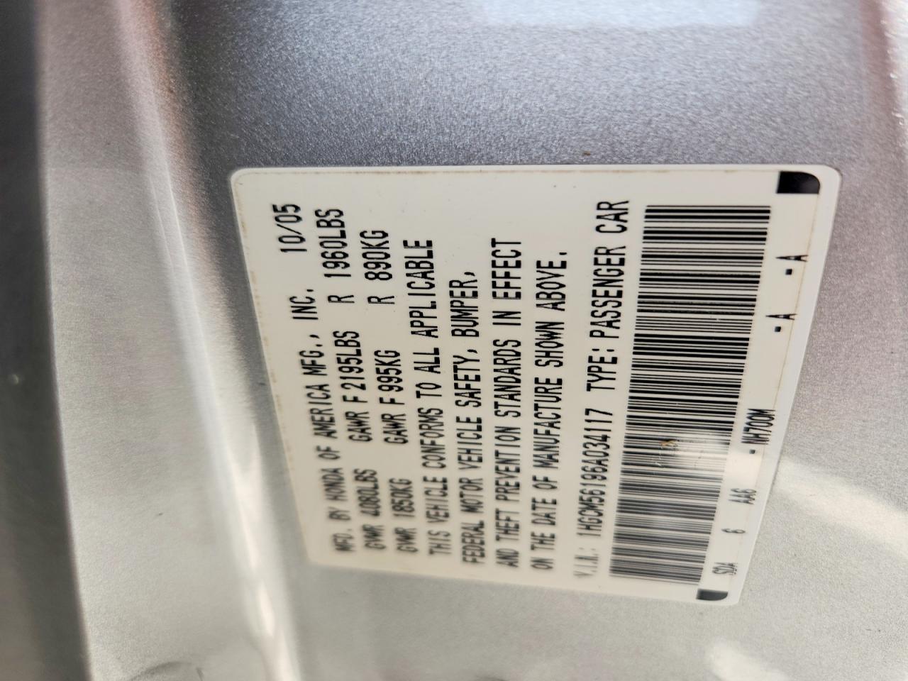 2006 Honda Accord Value Серебряный vin: 1HGCM56196A034117