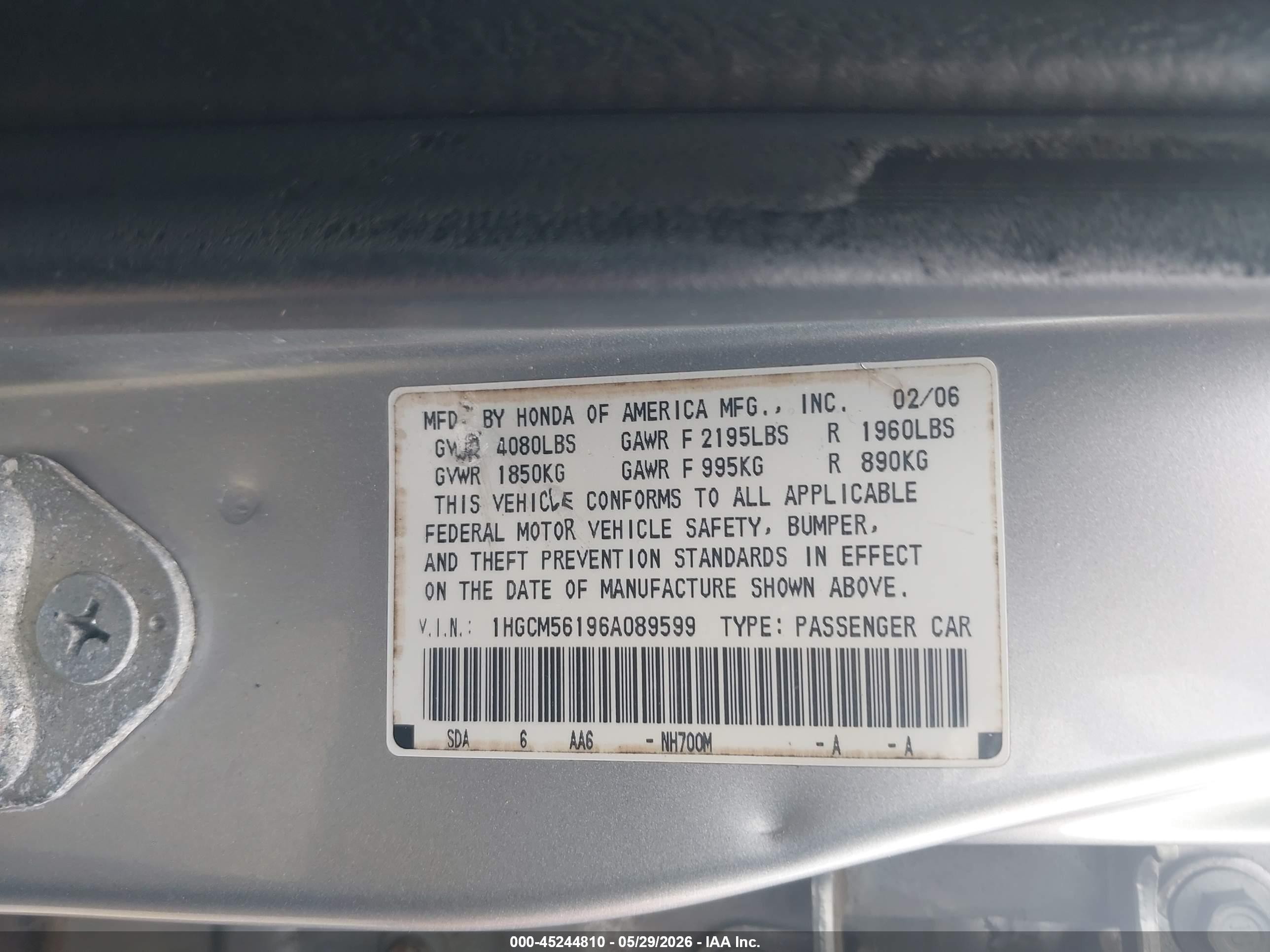 2006 Honda Accord 2.4 Vp Silver vin: 1HGCM56196A089599
