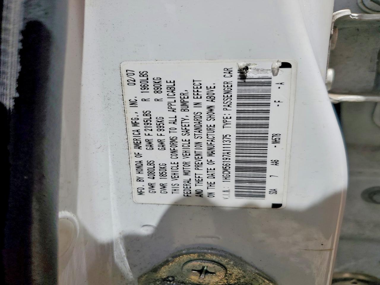 2007 Honda Accord Value White vin: 1HGCM56197A111375