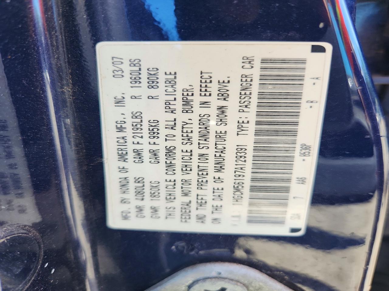 2007 Honda Accord Value Blue vin: 1HGCM56197A129391