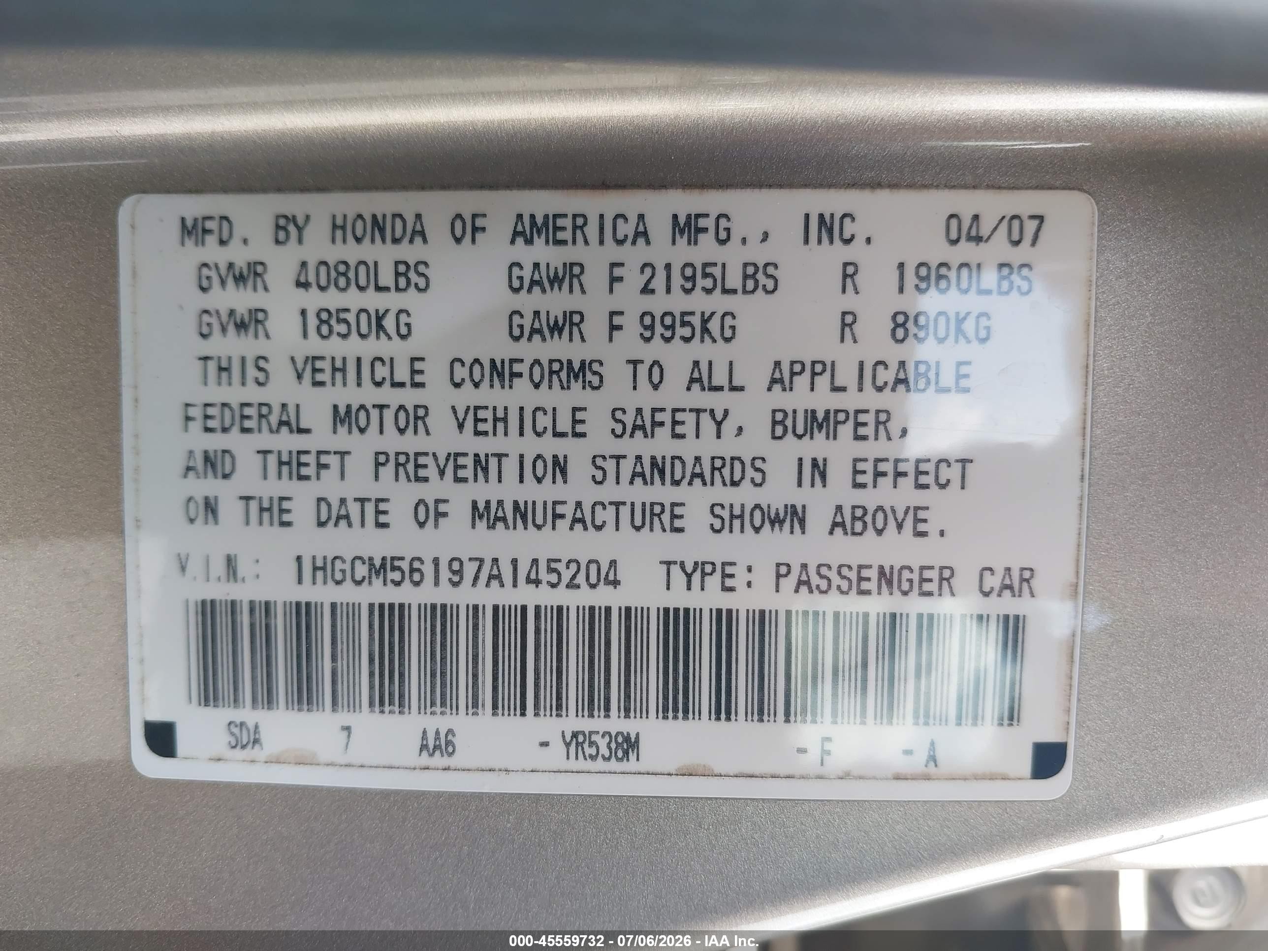 2007 Honda Accord 2.4 Vp Gold vin: 1HGCM56197A145204