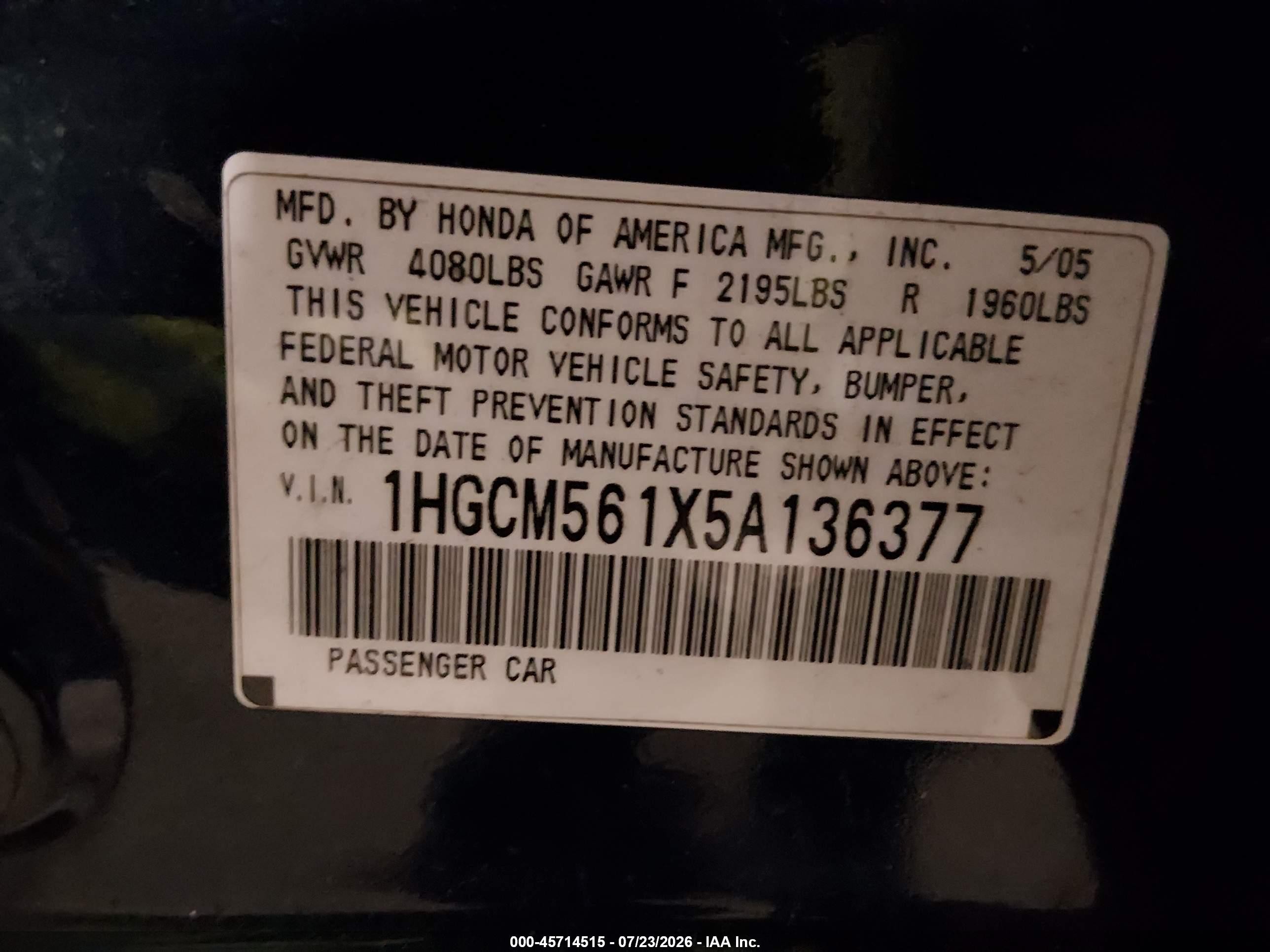2005 Honda Accord 2.4 Dx Blue vin: 1HGCM561X5A136377