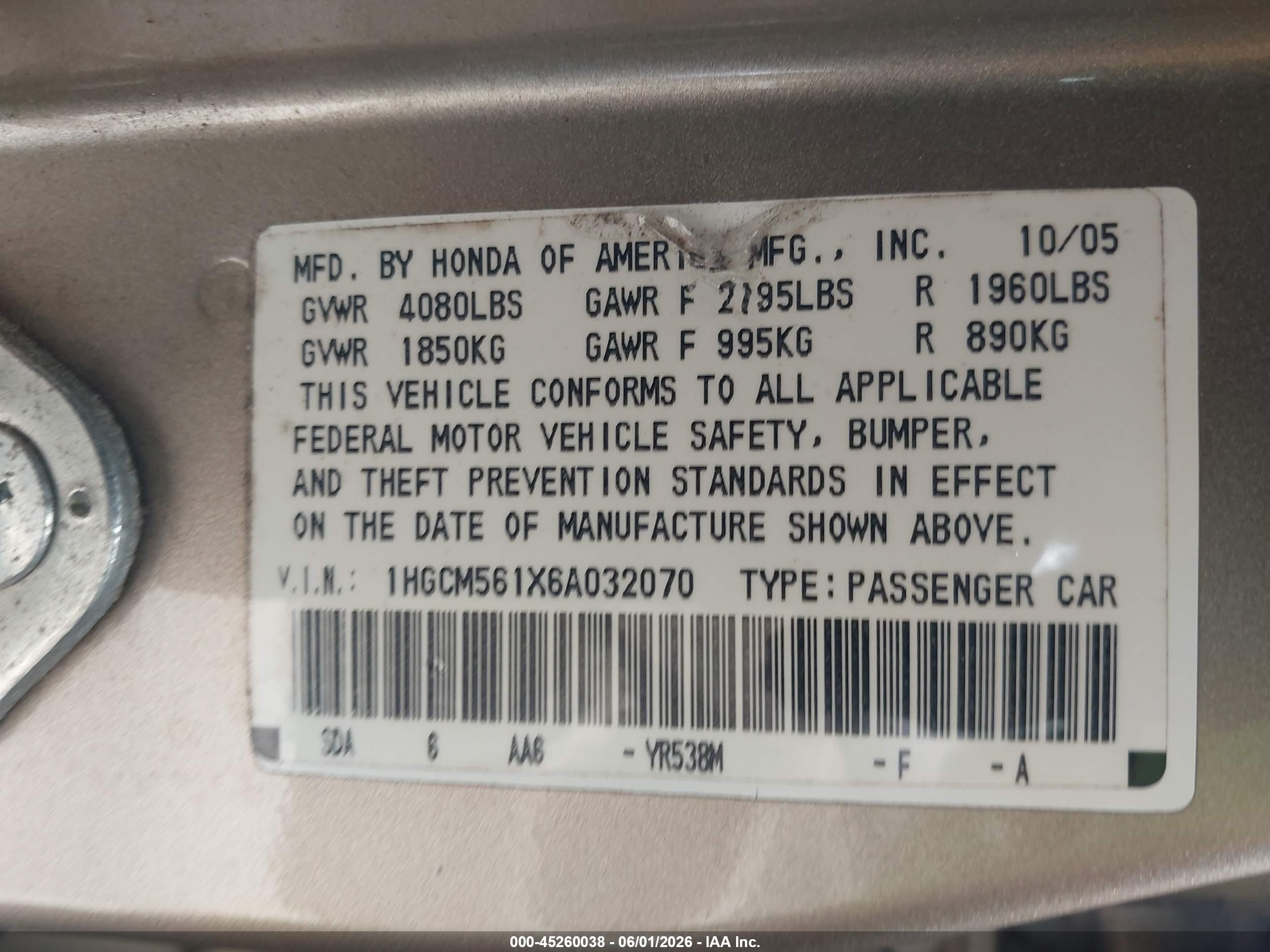 2006 Honda Accord 2.4 Vp Gold vin: 1HGCM561X6A032070