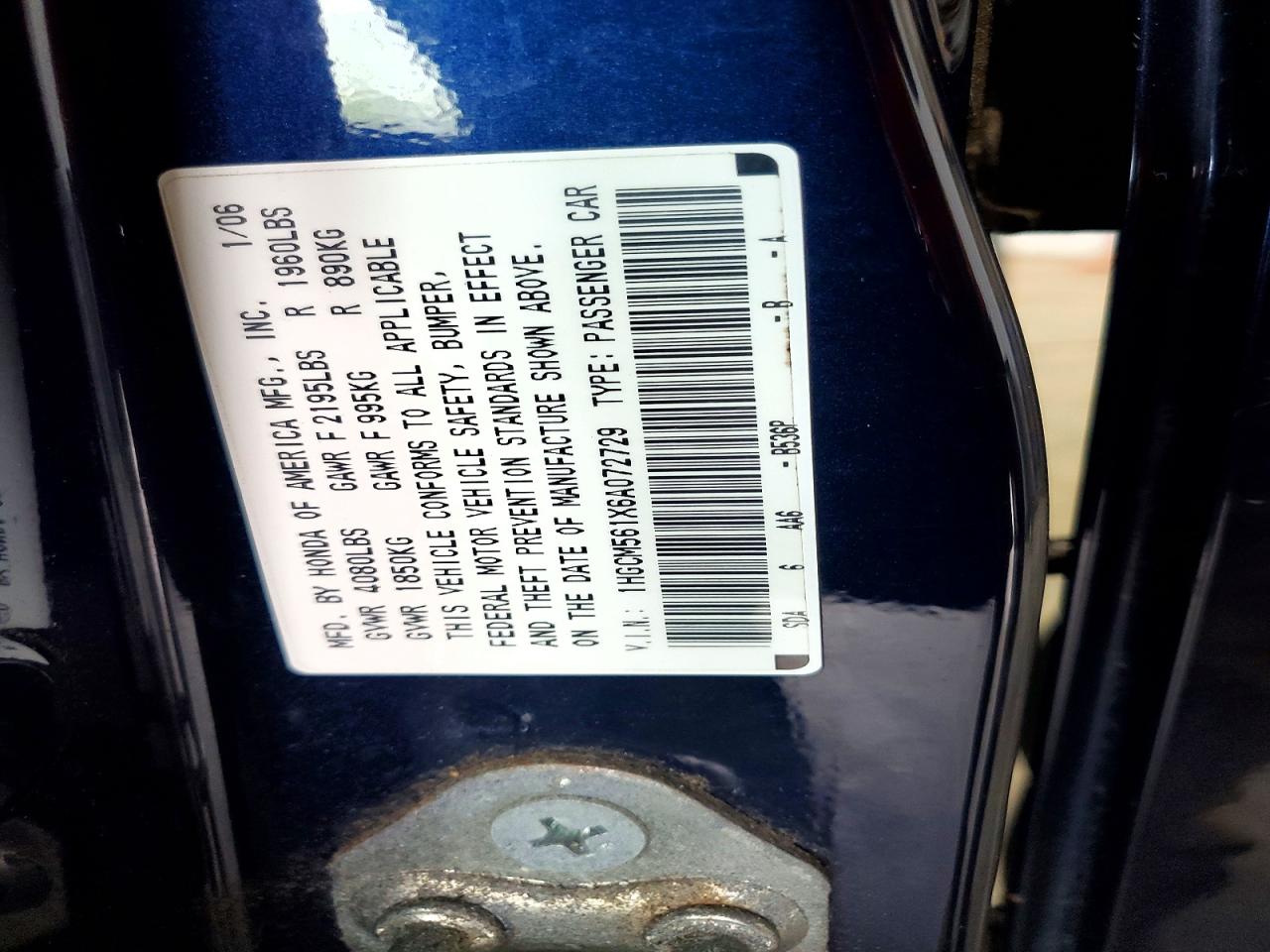 2006 Honda Accord Value Blue vin: 1HGCM561X6A072729