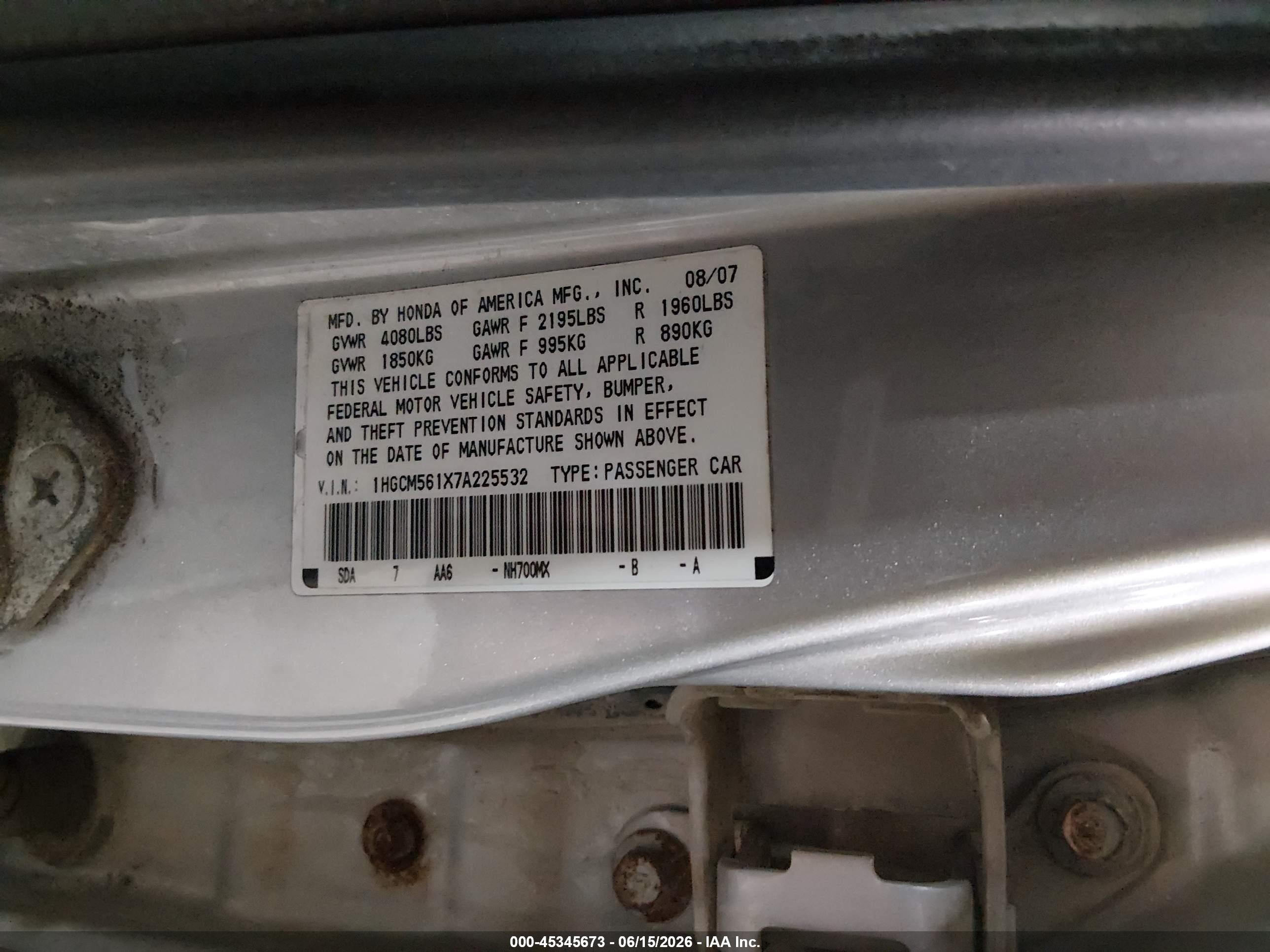 2007 Honda Accord 2.4 Vp Silver vin: 1HGCM561X7A225532