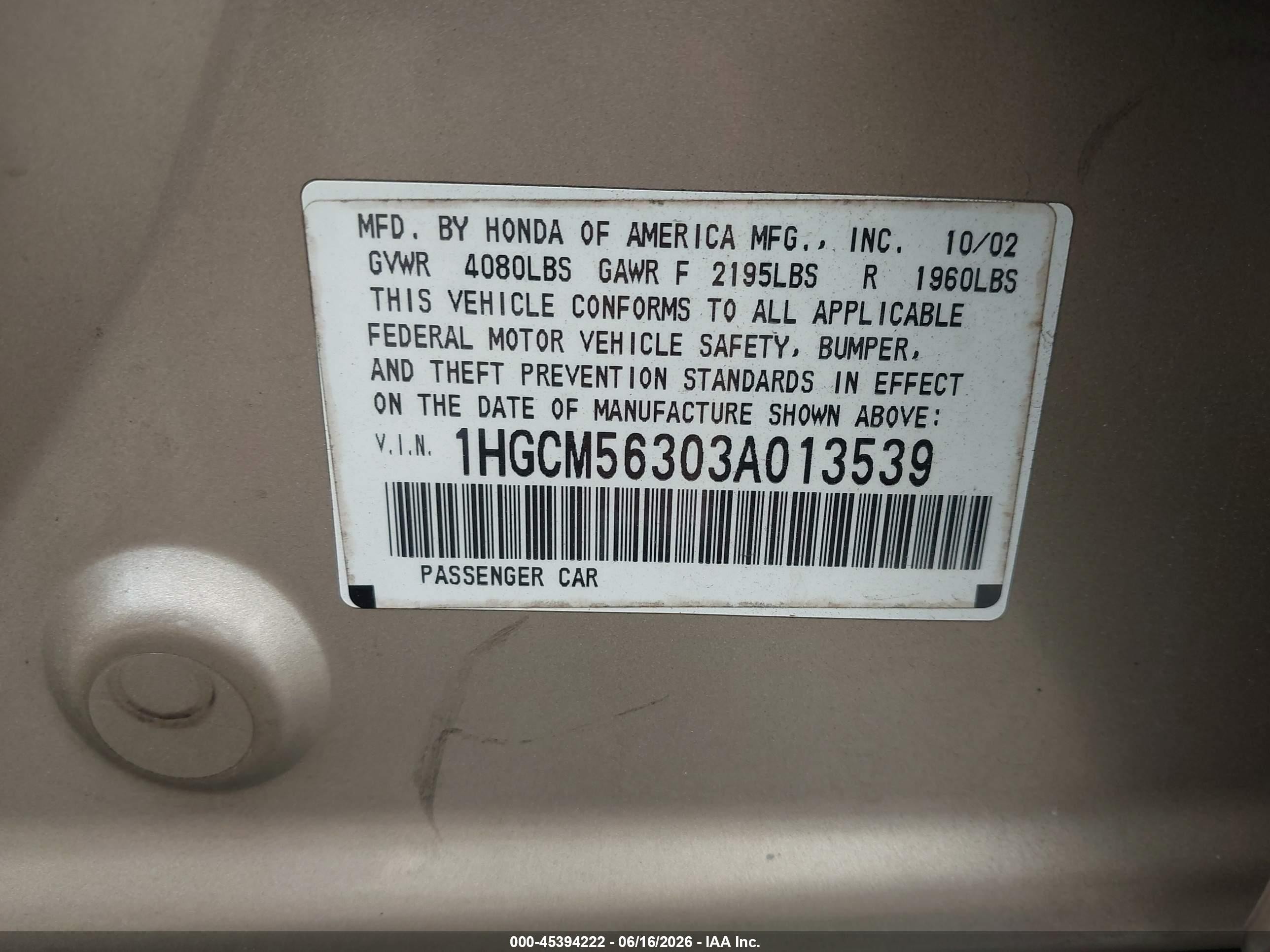 2003 Honda Accord 2.4 Lx Gold vin: 1HGCM56303A013539