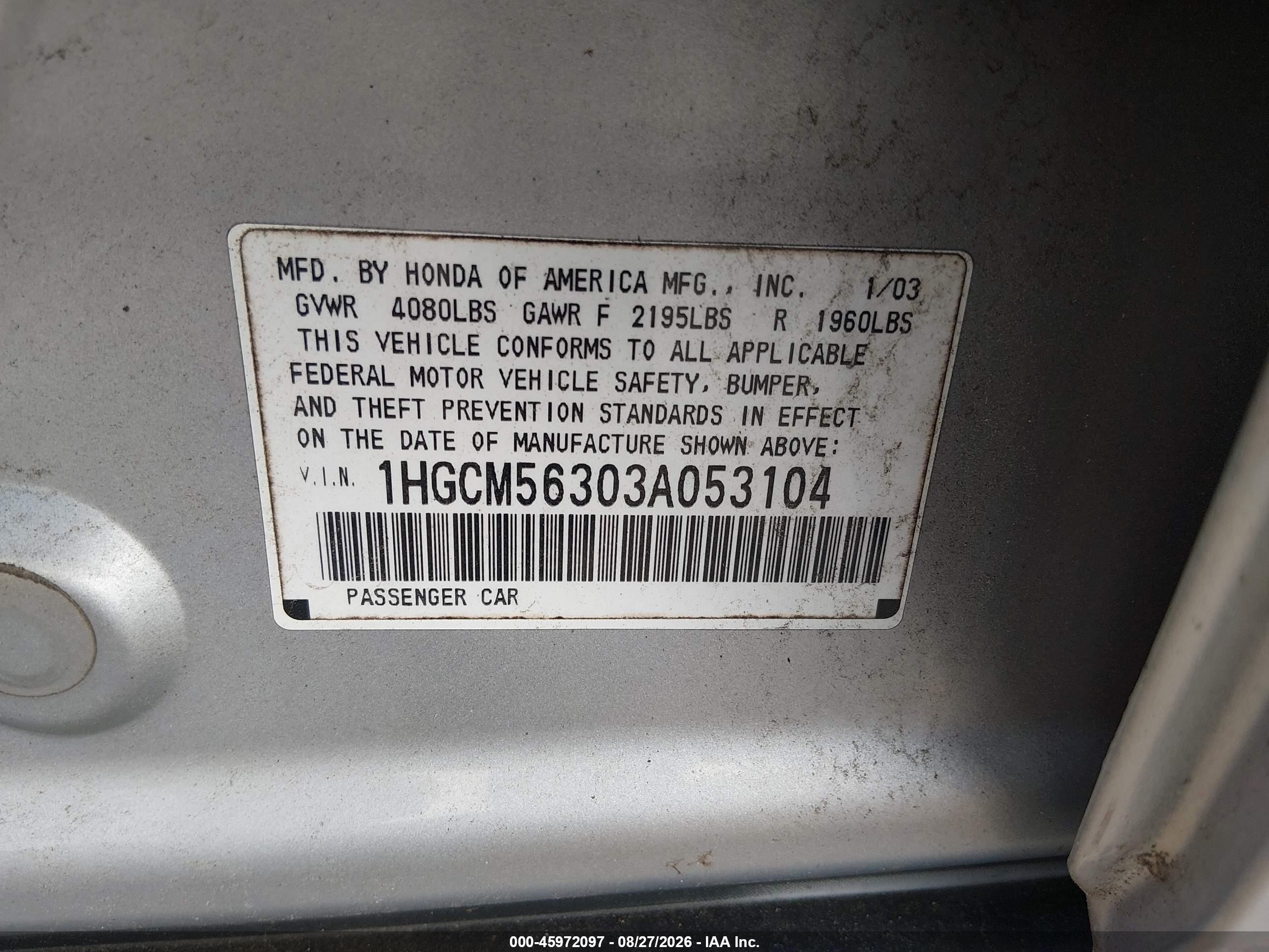 2003 Honda Accord 2.4 Lx Silver vin: 1HGCM56303A053104