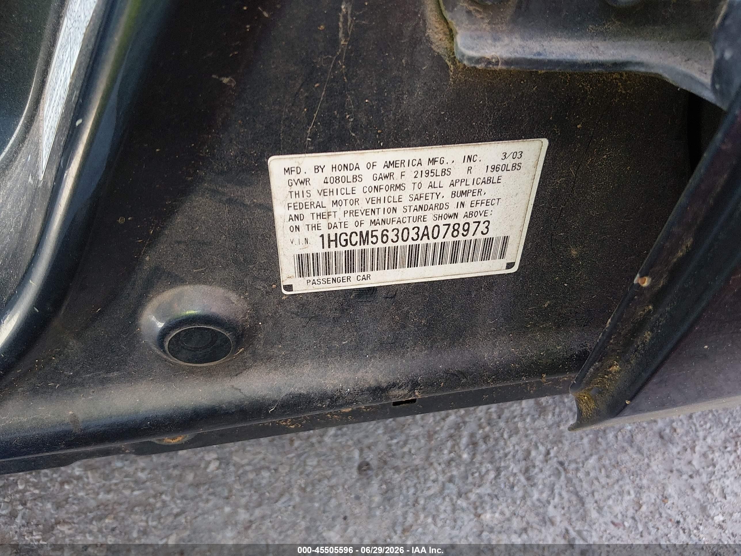 2003 Honda Accord Sdn Lx Gray vin: 1HGCM56303A078973