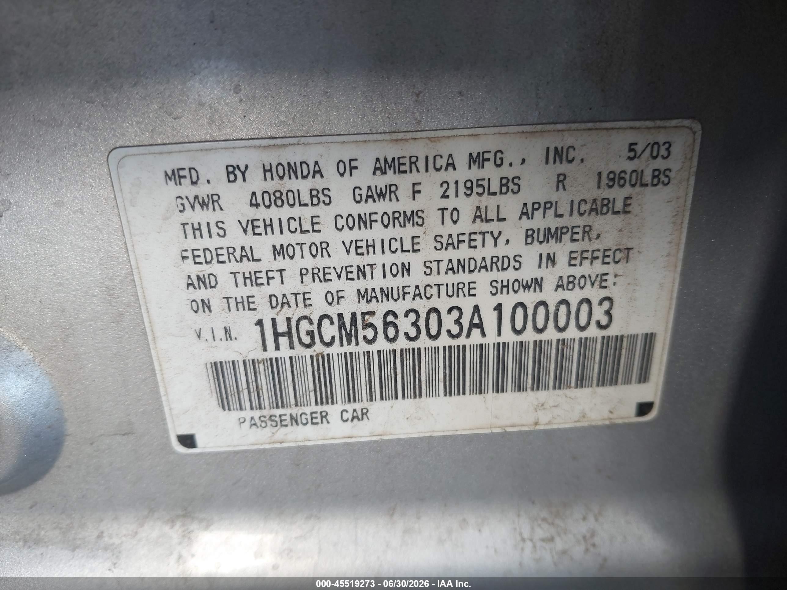 2003 Honda Accord Sdn Lx Silver vin: 1HGCM56303A100003