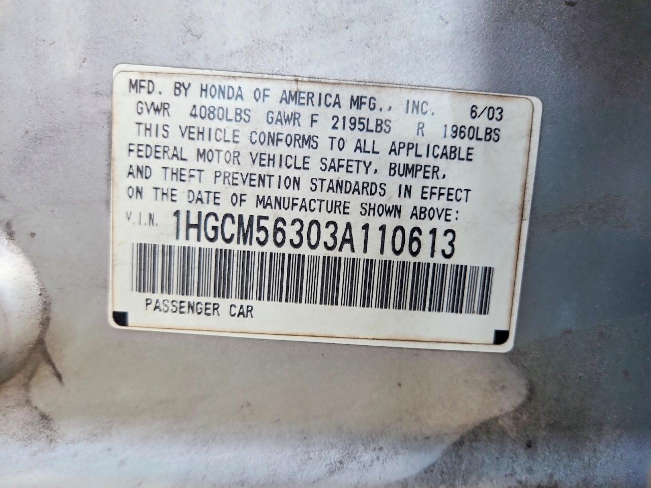 2003 Honda Accord Lx Silver vin: 1HGCM56303A110613