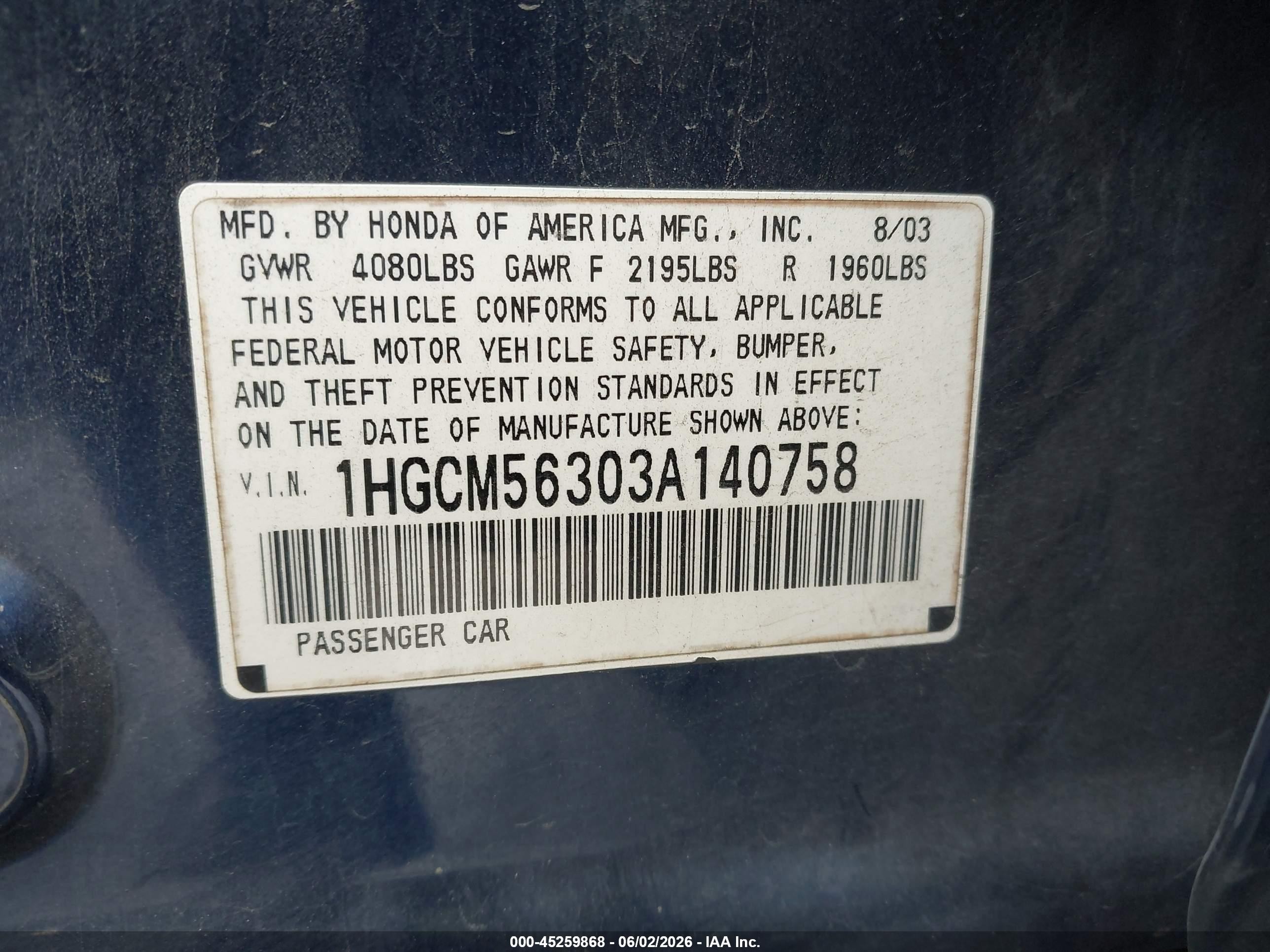 2003 Honda Accord 2.4 Lx Blue vin: 1HGCM56303A140758