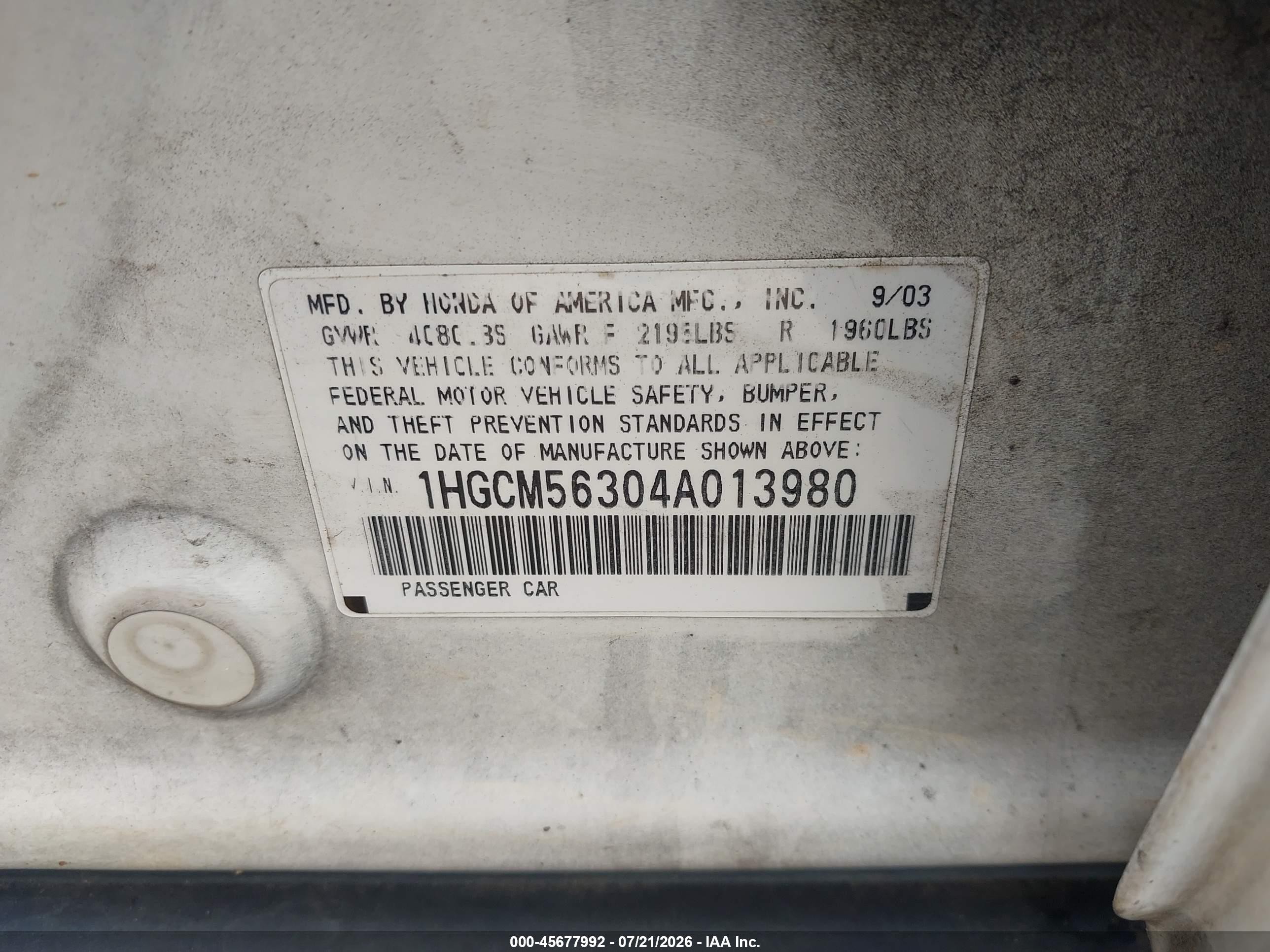 2004 Honda Accord 2.4 Lx White vin: 1HGCM56304A013980