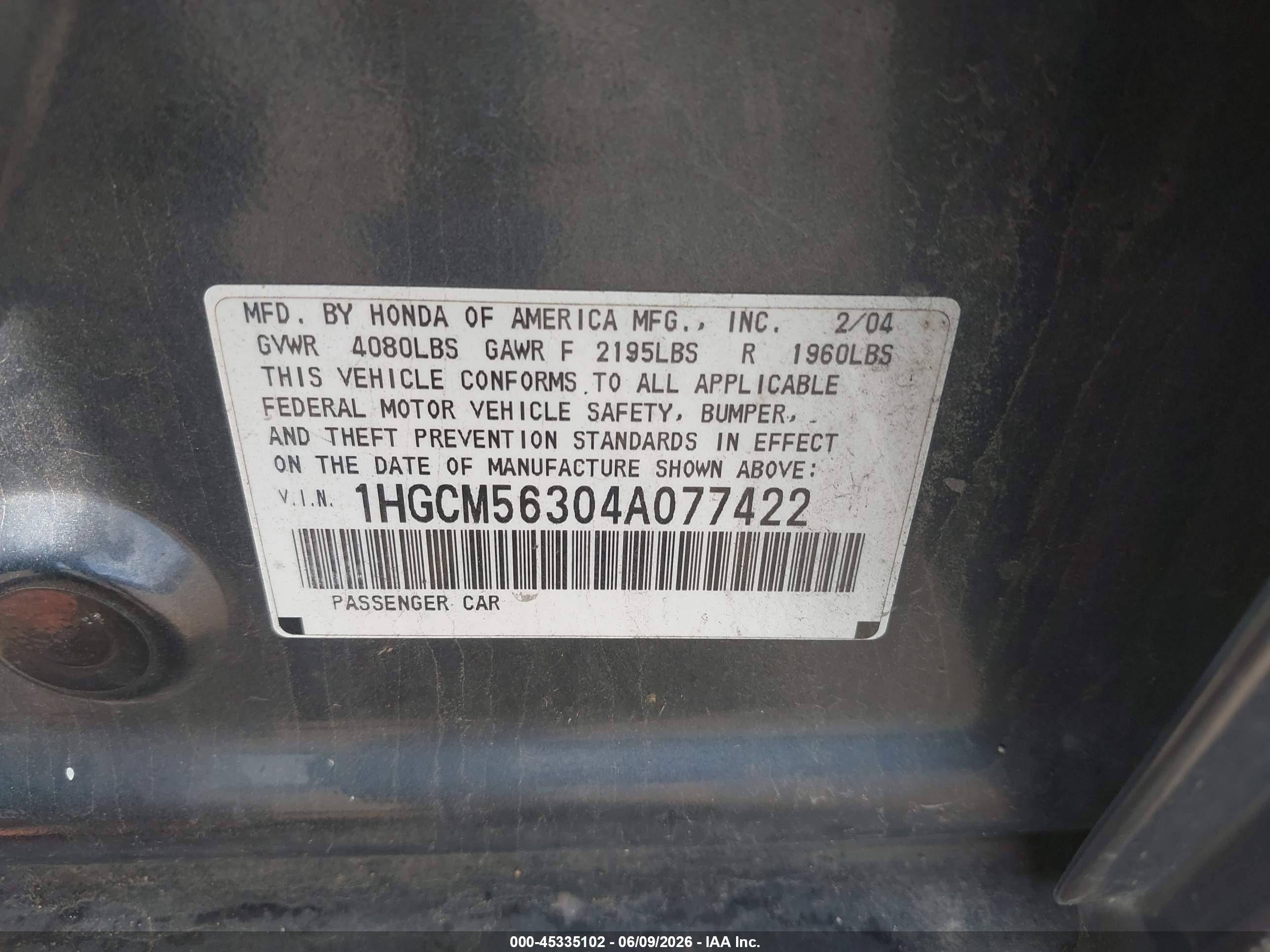 2004 Honda Accord 2.4 Lx Gray vin: 1HGCM56304A077422