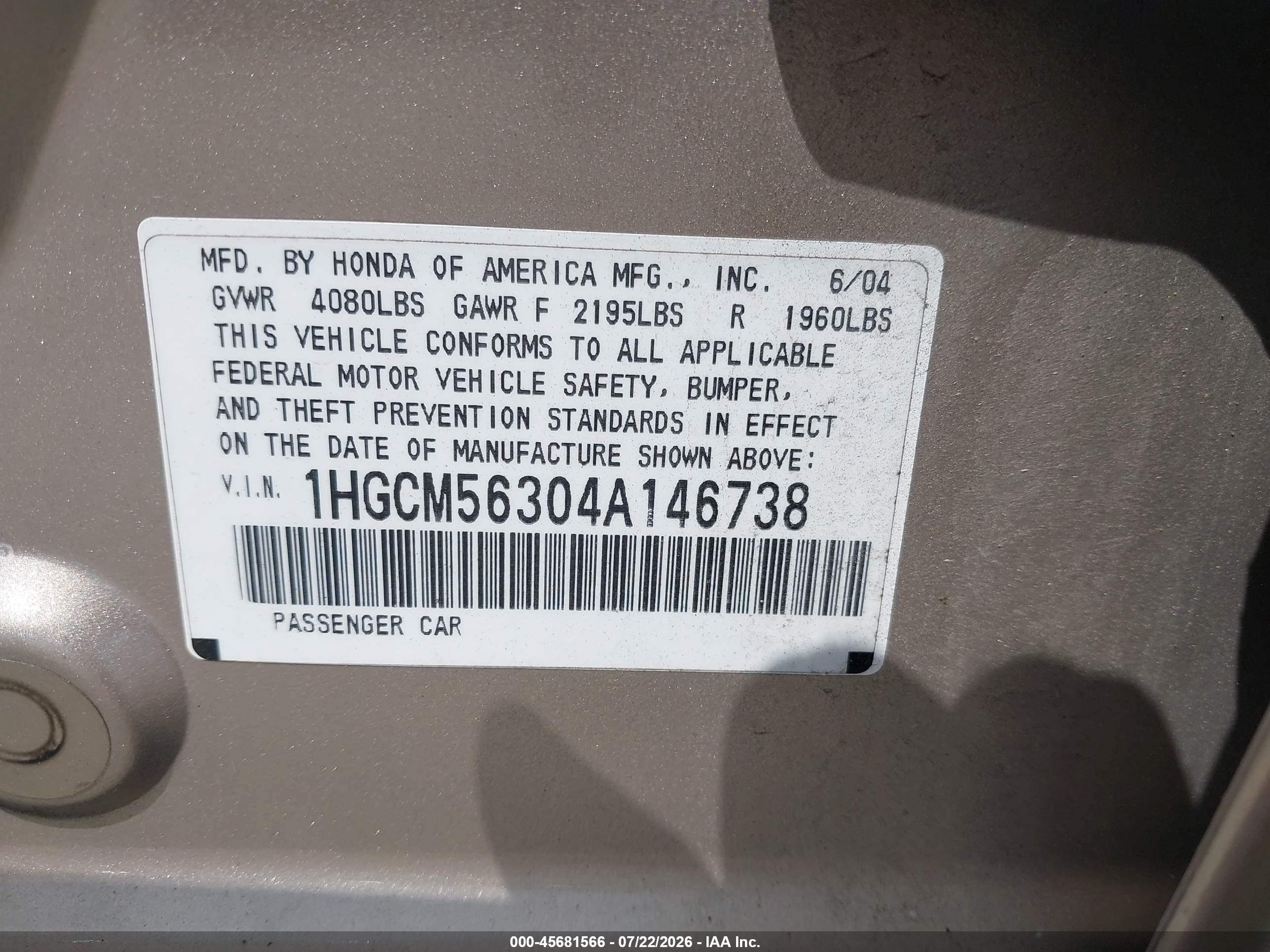 2004 Honda Accord 2.4 Lx Gold vin: 1HGCM56304A146738