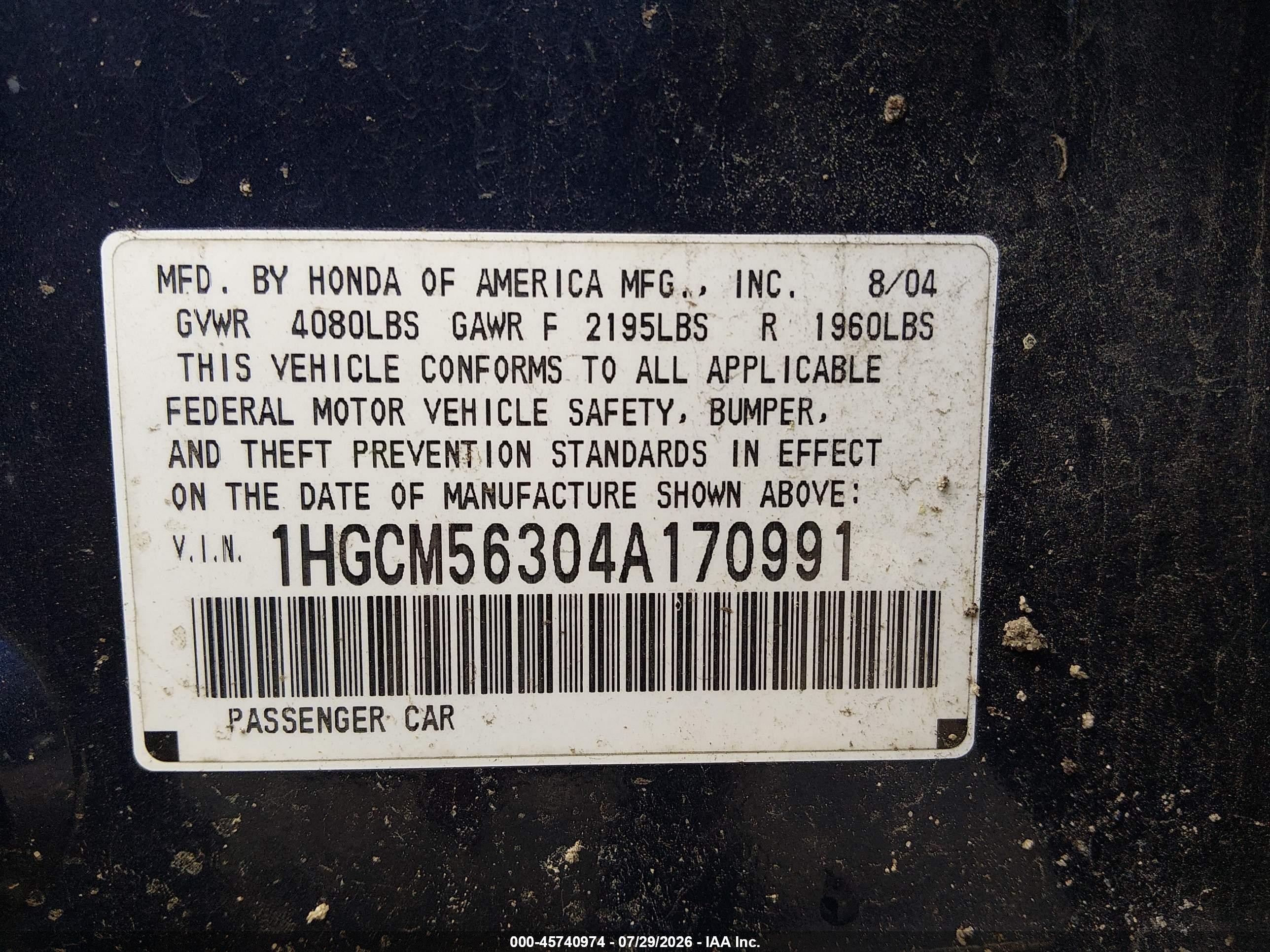 2004 Honda Accord 2.4 Lx Blue vin: 1HGCM56304A170991