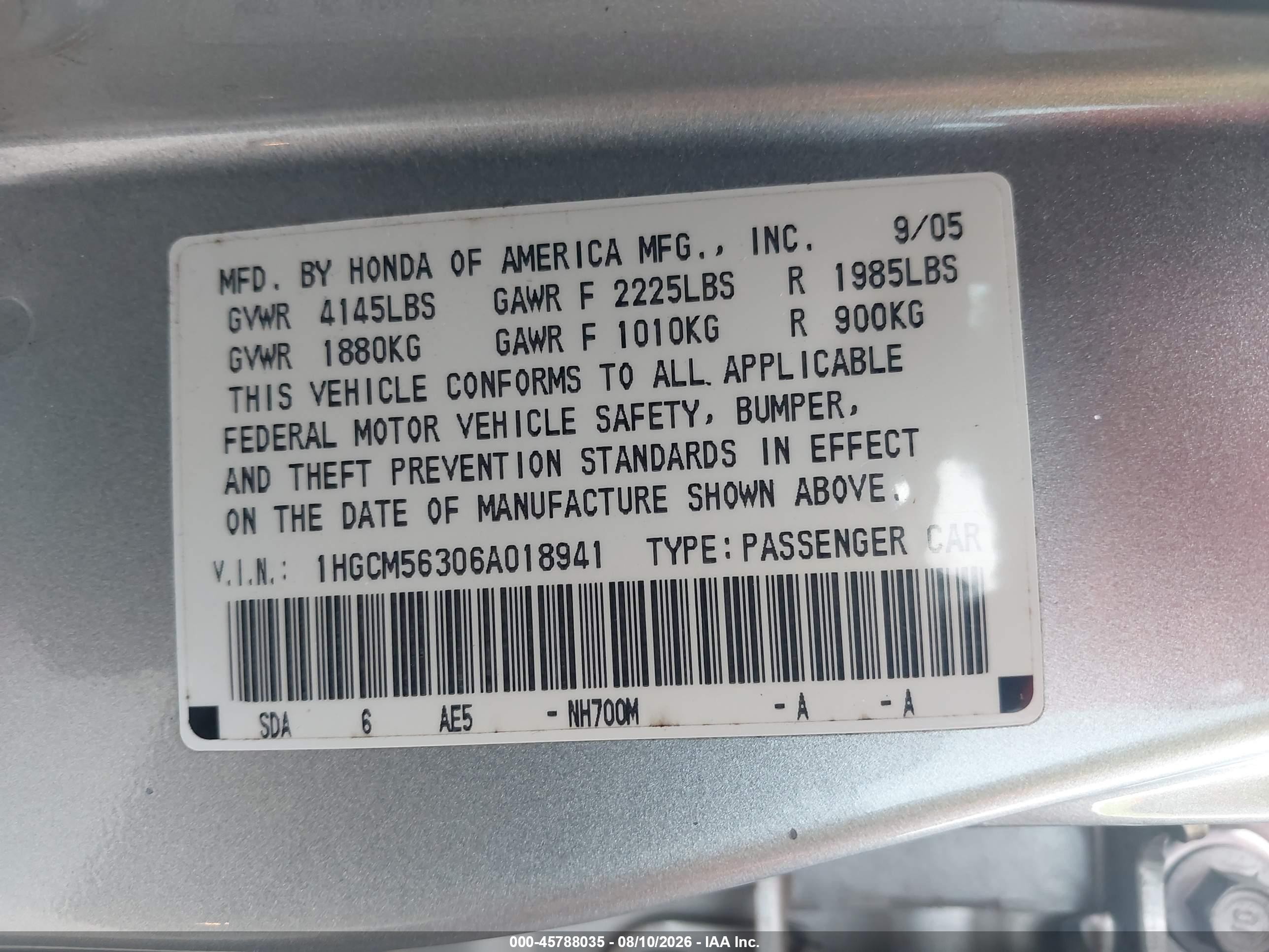 2006 Honda Accord 2.4 Se Silver vin: 1HGCM56306A018941