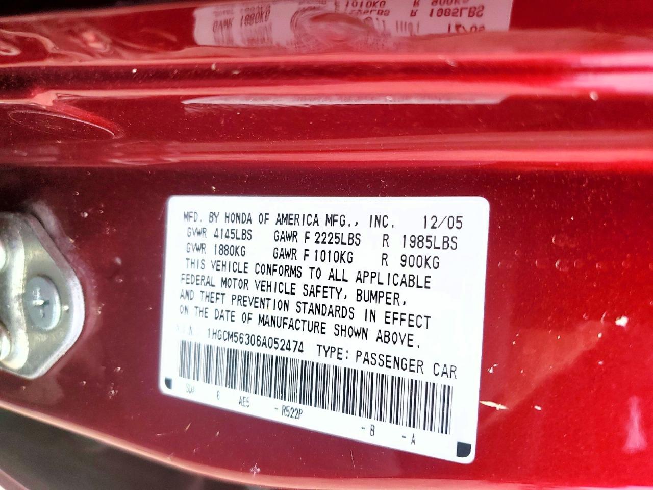 2006 Honda Accord Se Red vin: 1HGCM56306A052474